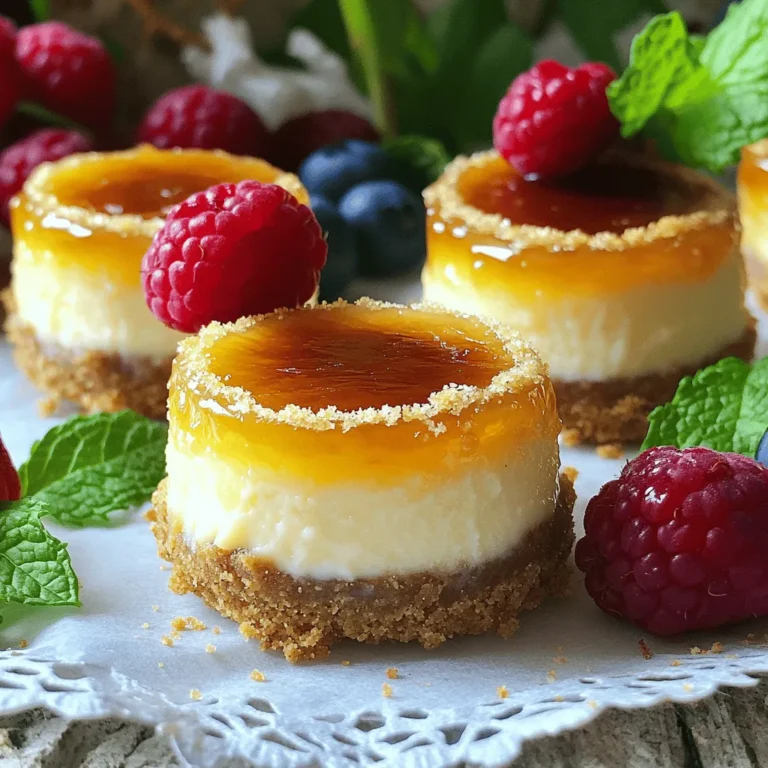 Um köstliche Mini Crème Brûlée Cheesecakes zu machen, benötigst du: - 1 Tasse Graham-Cracker-Brösel - 1/4 Tasse ungesalzene Butter, geschmolzen - 2 Tassen Frischkäse, weich - 1/2 Tasse Zucker - 1 Teelöffel Vanilleextrakt - 1 Tasse Schlagsahne - 2 große Eier - 1/4 Tasse brauner Zucker (zum Karamellisieren) Diese Zutaten bieten die perfekte Basis für einen cremigen und reichhaltigen Geschmack. Der Frischkäse sorgt für die ideale Textur, während die Graham-Cracker die perfekte Kruste bilden. Für die Garnierung empfehle ich frische Beeren oder Minzblätter. Diese Zutaten bringen Farbe und Frische auf deinen Teller. Sie fügen einen süßen und leichten Geschmack hinzu, der gut mit der Cremigkeit des Cheesecakes harmoniert. Wenn du die besten Zutaten wählen möchtest, achte auf die Qualität. Verwende frischen Frischkäse ohne Zusatzstoffe. Achte darauf, dass die Butter ungesalzen ist, damit du den vollen Geschmack der anderen Zutaten genießen kannst. Guter Vanilleextrakt macht einen großen Unterschied. Er sorgt für einen klaren, reichen Geschmack. Die Auswahl der besten Zutaten verbessert nicht nur den Geschmack, sondern auch das Aussehen deiner Mini Crème Brûlée Cheesecakes. So wird jedes Stück zu einem echten Genuss. Für die vollständige Anleitung, schau dir das Full Recipe an. Heizen Sie Ihren Ofen auf 160°C vor. Dies ist wichtig, um die Cheesecakes gleichmäßig zu backen. Nehmen Sie eine Schüssel und vermengen Sie die Graham-Cracker-Brösel mit der geschmolzenen Butter. Rühren Sie, bis die Mischung feucht ist. Diese Mischung wird die Kruste bilden. Drücken Sie etwa 1 Esslöffel der Mischung fest auf den Boden jeder Vertiefung einer Mini-Cheesecake-Form. Stellen Sie sicher, dass die Kruste gleichmäßig ist. In einer großen Schüssel schlagen Sie den weichen Frischkäse mit einem Mixer cremig. Fügen Sie den Zucker nach und nach hinzu. Rühren Sie gut um, bis alles vermischt ist. Geben Sie den Vanilleextrakt dazu und vermischen Sie nochmals. Jetzt ist es Zeit, die Schlagsahne einzurühren. Achten Sie darauf, nicht zu viel zu schlagen. Fügen Sie die Eier einzeln hinzu und mixen Sie sie bei niedriger Geschwindigkeit. Eine glatte Füllung ist der Schlüssel zu einem tollen Cheesecake. Gießen Sie die Cheesecake-Mischung gleichmäßig über die Krusten. Füllen Sie jede Vertiefung fast bis zum Rand. Stellen Sie die Form in den Ofen und backen Sie die Mini-Cheesecakes 20-25 Minuten. Die Ränder sollten fest sein, die Mitte darf jedoch leicht wackeln. Lassen Sie die Cheesecakes 10 Minuten im Ofen abkühlen. Danach nehmen Sie sie heraus und lassen sie bei Zimmertemperatur weitere 30 Minuten stehen. Kühlen Sie sie dann mindestens 4 Stunden im Kühlschrank, besser über Nacht. Dies hilft, den perfekten Geschmack zu entwickeln. Für das Karamellisieren streuen Sie kurz vor dem Servieren braunen Zucker auf die Oberseite. Verwenden Sie einen Küchentorch oder den Grill, um den Zucker goldbraun zu machen. Achten Sie darauf, dass es nicht verbrennt. Garnieren Sie die Cheesecakes mit frischen Beeren oder Minzblättern. Die Kombination wird Ihre Gäste begeistern! Für weitere Details schauen Sie sich das [Full Recipe]. Ein häufiger Fehler ist, den Käse zu übermixen. Dies macht die Cheesecakes zu luftig und sie brechen leicht. Mixen Sie nur, bis alle Zutaten gut verbunden sind. Achten Sie darauf, die Eier einzeln hinzuzufügen. So bleibt die Mischung cremig. Zu viel Zucker auf die Oberseite zu streuen, kann das Karamellisieren erschweren. Eine dünne Schicht ist ideal. Für perfektes Karamellisieren streuen Sie gleichmäßig braunen Zucker auf die Cheesecakes. Verwenden Sie einen Küchentorch, um den Zucker langsam zu schmelzen. Halten Sie den Brenner etwa 10 cm von der Oberfläche entfernt. Bewegen Sie ihn ständig, um ein gleichmäßiges Karamell zu erzielen. Wenn Sie keinen Brenner haben, nutzen Sie den Grill. Stellen Sie die Cheesecakes unter den Grill und beobachten Sie sie genau. Das dauert nur 1-2 Minuten. Mini Crème Brûlée Cheesecakes sind perfekt für viele Anlässe. Servieren Sie sie bei Partys oder Feiern. Sie sind auch ideal für ein romantisches Abendessen. Die kleinen Portionen machen sie leicht zu teilen. Fügen Sie frische Beeren oder Minzblätter hinzu, um das Gericht zu verschönern. Diese Cheesecakes sehen toll aus und schmecken himmlisch. Die Kombination aus Käsekuchen und knusprigem Karamell begeistert jeden Gast. Wer kann da schon widerstehen? {{image_4}} Mini Crème Brûlée Cheesecakes bieten viel Spielraum für kreative Aromen. Du kannst die klassische Vanillebasis ändern. Probiere zum Beispiel: - Zitronen: Füge etwas Zitronenschale und Saft hinzu. - Kaffee: Mische einen Esslöffel Espressopulver in die Füllung. - Schokolade: Ersetze einen Teil des Frischkäses durch geschmolzene Schokolade. Diese Variationen geben jedem Bissen einen besonderen Twist. Für eine glutenfreie Version der Mini Crème Brûlée Cheesecakes kannst du spezielle glutenfreie Kekse verwenden. Diese ersetzen die Graham-Cracker in der Kruste. Achte darauf: - Glutenfreie Kekse: Wähle eine Sorte, die gut zerbröckelt. - Haferflocken: Verwende glutenfreie Haferflocken für die Kruste. So genießt du köstliche Cheesecakes, ohne auf den Geschmack zu verzichten. Wenn du eine vegane Variante möchtest, gibt es tolle Möglichkeiten. Hier sind einige einfache Tricks: - Frischkäse ersetzen: Nutze veganen Frischkäse oder Cashewcreme. - Eier ersetzen: Verwende Leinsamen oder Chia-Samen mit Wasser, um eine ähnliche Konsistenz zu erzielen. - Sahne ersetzen: Nimm Kokoscreme oder eine andere pflanzliche Sahne. Mit diesen Alternativen bleibt der Genuss der Mini Crème Brûlée Cheesecakes erhalten. Du kannst deine eigene Note hinzufügen und die Vielfalt genießen. Es gibt so viele Wege, diese Leckerei zu genießen! Schau dir auch das [Full Recipe] an, um alle Details zu erfahren. Um die Frische Ihrer Mini Crème Brûlée Cheesecakes zu bewahren, lagern Sie sie richtig. Diese kleinen Köstlichkeiten schmecken am besten, wenn sie frisch sind. Lagern Sie die Cheesecakes im Kühlschrank oder frieren Sie sie ein, wenn Sie sie später genießen möchten. Wenn Sie Ihre Mini Cheesecakes im Kühlschrank aufbewahren, legen Sie sie in einen luftdichten Behälter. So bleiben sie frisch und verhindern, dass andere Gerüche eindringen. Sie können die Cheesecakes bis zu fünf Tage im Kühlschrank lagern. Vor dem Servieren lassen Sie sie kurz bei Zimmertemperatur stehen. So entfalten sich die Aromen besser. Das Einfrieren von Mini Cheesecakes ist eine gute Option, wenn Sie sie länger aufbewahren möchten. Wickeln Sie jeden Cheesecake einzeln in Frischhaltefolie. Legen Sie sie dann in einen gefrierfesten Behälter oder einen Gefrierbeutel. So bleiben sie bis zu drei Monate frisch. Um sie aufzutauen, nehmen Sie sie einfach aus dem Gefrierfach und lassen Sie sie über Nacht im Kühlschrank auftauen. So bleiben sie lecker und cremig. Für das vollständige Rezept schauen Sie bitte [Full Recipe]. Mini Crème Brûlée Cheesecakes halten sich gut im Kühlschrank. Sie können sie bis zu fünf Tage aufbewahren. Achten Sie darauf, sie in einem luftdichten Behälter zu lagern. So bleiben sie frisch und lecker. Nach ein paar Tagen kann die Kruste weicher werden, aber der Geschmack bleibt toll. Ich empfehle, sie vor dem Servieren frisch zu karamellisieren. Ja, das können Sie! Die Füllung für die Mini Crème Brûlée Cheesecakes können Sie einen Tag im Voraus zubereiten. Bewahren Sie sie in einem luftdichten Behälter im Kühlschrank auf. So sparen Sie Zeit, wenn Sie die Cheesecakes backen. Denken Sie daran, die Füllung vor dem Einfüllen in die Kruste gut zu rühren. So wird sie schön cremig. Wenn Sie keinen Küchenbrenner haben, ist das kein Problem! Sie können die Mini Cheesecakes auch unter den Grill Ihres Ofens karamellisieren. Streuen Sie eine dünne Schicht braunen Zucker auf die Cheesecake-Oberfläche. Stellen Sie sie dann unter den Grill für etwa 1-2 Minuten. Achten Sie darauf, sie genau zu beobachten. So vermeiden Sie, dass der Zucker verbrennt. Die Mini Crème Brûlée Cheesecakes sind einfach und lecker. Du hast die besten Zutaten gewählt und die Schritte befolgt. Jetzt bist du bereit, die häufigsten Fehler zu vermeiden und das Karamell perfekt zu machen. Du kannst verschiedene Aromen ausprobieren und sogar glutenfreie oder vegane Optionen wählen. Denke daran, die Cheesecakes richtig zu lagern, um ihre Frische zu bewahren. Viel Spaß beim Servieren und Teilen dieser besonderen Leckerei!