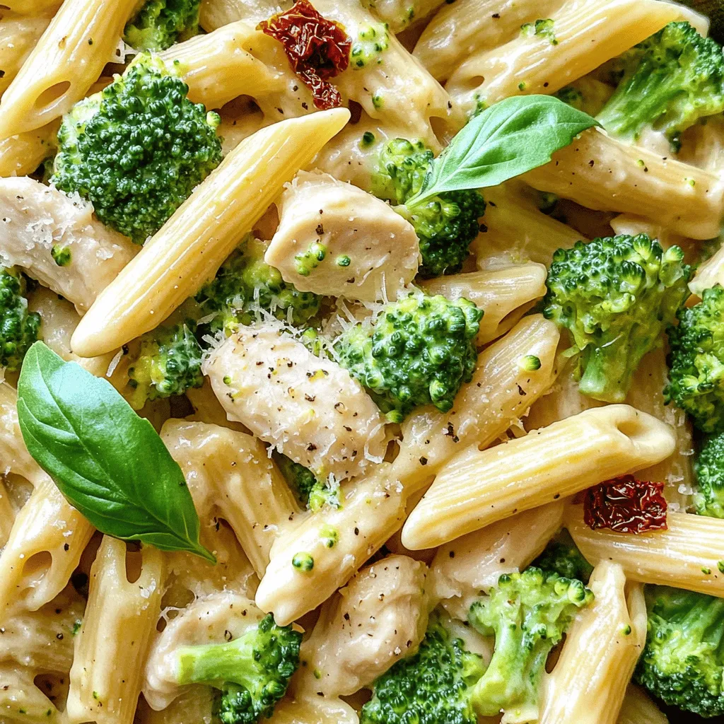 - 225 g Penne-Nudeln - 450 g Hähnchenbrust, gewürfelt - 2 Tassen frische Brokkoliröschen Die Hauptzutaten sind einfach zu finden. Penne sind kleine Röhrennudeln. Sie nehmen die Sauce gut auf. Hähnchenbrust ist mager und lecker. Brokkoli bringt Farbe und Vitamine in das Gericht. - 240 ml Schlagsahne - 100 g frisch geriebener Parmesan - 2 Knoblauchzehen, fein gehackt - 1 Teelöffel italienische Gewürzmischung Die Sauce macht das Gericht cremig. Schlagsahne sorgt für einen reichen Geschmack. Parmesan gibt einen salzigen, nussigen Geschmack. Knoblauch und italienische Gewürze fügen Tiefe hinzu. Diese Zutaten bringen die Aromen zusammen. - 60 ml getrocknete Tomaten, gehackt (optional) - Frische Basilikumblätter zur Garnierung Getrocknete Tomaten geben Süße und einen intensiven Geschmack. Frische Basilikumblätter sind eine tolle Garnierung. Sie bringen Frische und Farbe auf den Teller. Diese Zutaten sind nicht nötig, aber sie machen das Gericht noch besser. Für das vollständige Rezept schaue dir das Rezept für cremige Brokkoli-Hühnchen-Penne an. Bringe in einem großen Topf gesalzenes Wasser zum Kochen. Füge die Penne-Nudeln hinzu und koche sie al dente. Dies dauert etwa 10-12 Minuten. Gieße die Nudeln ab und stelle sie beiseite. Erhitze in einer großen Pfanne Olivenöl bei mittelhoher Hitze. Wenn das Öl heiß ist, füge die gewürfelte Hähnchenbrust hinzu. Würze das Hähnchen mit Salz, Pfeffer und italienischer Gewürzmischung. Brate es etwa 5-7 Minuten, bis es goldbraun und durchgegart ist. Nimm es danach aus der Pfanne und lege es beiseite. Gib den fein gehackten Knoblauch in die gleiche Pfanne. Brate ihn etwa 30 Sekunden lang an, bis er duftet. Füge dann die Brokkoliröschen und einen Schuss Wasser hinzu. Decke die Pfanne ab und dämpfe den Brokkoli 3-4 Minuten, bis er zart, aber noch bissfest ist. Reduziere die Hitze auf mittel-niedrig. Gieße die Schlagsahne langsam in die Pfanne und rühre gut um. Lass die Sauce sanft köcheln. Füge den frisch geriebenen Parmesan hinzu und lasse ihn schmelzen, bis die Sauce schön cremig ist. Gib das zuvor gebratene Hähnchen und die Penne-Nudeln zurück in die Pfanne. Wenn du möchtest, füge die gehackten getrockneten Tomaten hinzu. Vermenge alles vorsichtig, sodass die Nudeln und das Hähnchen gleichmäßig mit der cremigen Sauce bedeckt sind. Schmecke mit Salz und Pfeffer ab. Richte die cremige Hähnchen-Penne auf Servierplatten an. Garniere das Gericht mit frischen Basilikumblättern, um Farbe und Geschmack hinzuzufügen. Für das vollständige Rezept, schau dir die Anleitung an. Um die Vorbereitungszeit zu reduzieren, bereite alle Zutaten vorher vor. Schneide das Gemüse und das Hähnchen. So hast du alles griffbereit. Koche die Penne gleichzeitig mit dem Brokkoli. Das spart Zeit und macht alles einfacher. Auch die Nutzung der Pfannen ist wichtig. Nutze die Pfanne, in der du das Hähnchen gebraten hast, auch für die Sauce. So sparst du dir das Abwaschen und erhältst einen tollen Geschmack. Das richtige Verhältnis von Sahne und Käse ist entscheidend für die Sauce. Ich empfehle, 240 ml Schlagsahne mit 100 g Parmesan zu kombinieren. Dieses Verhältnis sorgt für die perfekte Cremigkeit. Rühre die Sahne langsam ein, während du die Hitze reduzierst. So schmilzt der Käse gleichmäßig und die Sauce wird schön glatt. Wenn die Sauce zu dünn ist, kannst du etwas mehr Parmesan hinzufügen. Frische Kräuter bringen einen tollen Geschmack. Ich mag Basilikum, Oregano oder Petersilie. Diese Kräuter passen gut zu Brokkoli und Hähnchen. Du kannst die Kräuter kurz vor dem Servieren hinzufügen, damit sie frisch bleiben. Auch Gewürze wie Paprika oder Chili können mehr Tiefe bringen. Probiere, ein wenig hinzuzufügen, um das Gericht aufzupeppen. {{image_4}} Für eine vegetarische Option können Sie das Hähnchen einfach durch Tofu ersetzen. Tofu hat einen milden Geschmack und nimmt die Aromen der Sauce gut auf. Schneiden Sie den Tofu in kleine Würfel und braten Sie ihn in der Pfanne goldbraun. So werden die Brokkoliröschen und der Tofu zu einer tollen Kombination. Auch mehr Gemüse wie Karotten oder Zucchini passt gut in dieses Gericht. Möchten Sie mehr Protein? Verwenden Sie Pute anstelle von Hähnchen. Pute hat einen ähnlichen Geschmack, ist aber magerer. Garnelen sind eine weitere großartige Wahl. Sie kochen schnell und geben dem Gericht eine frische Meeresnote. Braten Sie die Garnelen einfach in der Pfanne, bis sie rosa sind, und fügen Sie sie dann zur Sauce hinzu. Nutzen Sie saisonales Gemüse für mehr Geschmack. Im Frühling können Sie Spargel oder Erbsen hinzufügen. Im Herbst passen Kürbisstücke gut. Diese Gemüse bringen nicht nur Farbe, sondern auch zusätzliche Nährstoffe. Schneiden Sie das Gemüse klein und dämpfen Sie es, bevor Sie es mit der Sauce kombinieren. So wird das Gericht noch leckerer und passt sich der Saison an. Bewahre die Reste deines cremigen Brokkoli-Hühnchen-Penne im Kühlschrank auf. Ein luftdichter Behälter ist ideal. So bleibt das Gericht frisch. Es ist optimal für bis zu 3 Tage haltbar. Achte darauf, die Reste gut zu kühlen. So vermeidest du Bakterienwachstum und Geschmacksverlust. Möchtest du die Reste länger aufbewahren? Hier ist eine Schritt-für-Schritt Anleitung zum Einfrieren: 1. Lass die Pasta auf Raumtemperatur abkühlen. 2. Teile die Portionen in luftdichte Behälter oder Gefrierbeutel auf. 3. Entferne die Luft aus den Beuteln, um gefrierbrand zu vermeiden. 4. Beschrifte die Behälter mit dem Datum. 5. Lege sie in den Gefrierschrank. So bleiben sie bis zu 3 Monate frisch. Du kannst die Reste leicht aufwärmen. Hier sind die besten Methoden: - Mikrowelle: Stelle die Portion in eine mikrowellengeeignete Schüssel. Decke sie ab und erwärme sie in 1-Minuten-Intervallen. Rühre zwischen den Intervallen um, um eine gleichmäßige Erwärmung zu gewährleisten. - Herd: Erhitze die Reste in einer Pfanne bei mittlerer Hitze. Füge einen Schuss Wasser oder Sahne hinzu, um die Sauce cremig zu halten. Rühre ständig, bis alles gut erhitzt ist. Diese Tipps helfen dir, dein cremiges Gericht immer frisch und lecker zu genießen. Um die Sauce dicker zu machen, gibt es ein paar einfache Tipps. Du kannst mehr Parmesan hinzufügen. Parmesan schmilzt gut in der Sauce und macht sie cremiger. Eine andere Methode ist, etwas mehr Schlagsahne zu verwenden. Achte darauf, die Sauce gut zu rühren, damit sie gleichmäßig dick wird. Du kannst auch etwas Maisstärke mit Wasser mischen. Füge diese Mischung am Ende hinzu und koche sie kurz, um die Sauce zu verdicken. Ja, du kannst diese Nudeln im Voraus zubereiten. Koche die Penne und bereite die Sauce wie gewohnt zu. Lass beides abkühlen und stelle es in den Kühlschrank. Am nächsten Tag kannst du alles wieder erwärmen. Das spart Zeit und macht das Essen einfacher. Achte darauf, beim Aufwärmen etwas Sahne hinzuzufügen, um die Creme wieder frisch zu machen. Zu cremigen Brokkoli-Hühnchen-Penne passen viele Beilagen gut. Ein einfacher grüner Salat mit einem leichten Dressing ist perfekt. Du kannst auch ein Stück frisches Baguette oder Knoblauchbrot dazu servieren. Wenn du es rustikaler magst, probiere geröstetes Gemüse oder gedünsteten Spargel. Diese Beilagen bringen frische Aromen in dein Gericht. Um den Geschmack zu verstärken, füge frische Kräuter hinzu. Basilikum, Petersilie oder Thymian geben einen tollen Geschmack. Auch ein Spritzer Zitrone kann helfen, die Aromen hervorzuheben. Du kannst auch etwas Chili für eine scharfe Note verwenden. Wenn du gerne experimentierst, probiere verschiedene Käsesorten wie Feta oder Ricotta. Das vollständige Rezept findest du unter Cremige Brokkoli-Hühnchen-Penne. Dort stehen alle Zutaten und Schritte, um dieses leckere Gericht zuzubereiten. In diesem Artikel lernen Sie, wie Sie leckere cremige Brokkoli-Hühnchen-Penne zubereiten. Wir haben die Hauptzutaten und passende Gewürze besprochen. Sie fanden auch Tipps zur Zubereitung und Variationen für verschiedene Diäten. Die Schritte sind einfach und machen das Kochen leicht. Experimentieren Sie mit den Zutaten und kreieren Sie Ihr persönliches Gericht. Genießen Sie jede Portion und teilen Sie Ihre Ergebnisse mit Freunden!