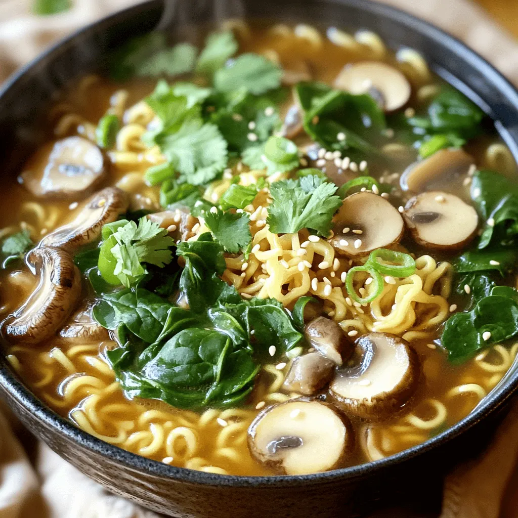 Um die Ramen-Nudeln perfekt zu kochen, folge den Anweisungen auf der Verpackung. Normalerweise dauert es etwa 3 bis 5 Minuten. Stelle sicher, dass die Nudeln al dente sind. Nach dem Kochen gieße die Nudeln ab. Lass sie kurz abtropfen und stelle sie beiseite. So bleiben sie frisch und kleben nicht zusammen. Erhitze 1 Esslöffel Sesamöl in einem großen Topf bei mittlerer Hitze. Das Öl verleiht dem Gericht einen tollen Geschmack. Füge dann die fein gehackten 2 Knoblauchzehen und 2,5 cm frischen Ingwer hinzu. Sauté diese Mischung für 1-2 Minuten, bis sie gut duftet. Achte darauf, sie nicht zu verbrennen, denn das kann bitter schmecken. Jetzt ist es Zeit für die Pilze! Gib die 300 g gemischte Pilze in den Topf. Brate sie etwa 5-7 Minuten an. Rühre ständig um, bis sie zart und leicht gebräunt sind. Das bringt den besten Geschmack heraus. Gieße dann die 4 Tassen Gemüsebrühe in den Topf. Füge Sojasauce, Misopaste, Reis-Essig und Chili-Paste hinzu. Rühre gut um und bringe die Mischung zum Simmern. Die Brühe wird bald köcheln und die Aromen entfalten sich. Um den Geschmack zu verbessern, passen Sie die Gewürze an. Fügen Sie mehr Sojasauce hinzu, wenn Sie es salziger mögen. Mögen Sie es schärfer? Dann erhöhen Sie die Chili-Paste. Experimentieren Sie mit verschiedenen Mischungen, um Ihre perfekte Brühe zu finden. Die Brühe sollte reichhaltig und aromatisch sein. Nutzen Sie frische Zutaten für den besten Geschmack. Die Präsentation zählt! Verwenden Sie tiefe Schalen für Ihr Ramen. Arrangieren Sie die Pilze und Spinat schön darüber. Garnieren Sie jede Schale mit Frühlingszwiebeln und Koriander. Ein Spritzer Sesamsamen sorgt für eine knusprige Note. Diese kleinen Details machen Ihr Gericht einladend und appetitlich. Um verkochte Nudeln zu vermeiden, kochen Sie die Ramen nur kurz. Achten Sie darauf, sie rechtzeitig abzugießen. Übermäßiges Salzen kann die Brühe ruinieren. Beginnen Sie mit weniger Sojasauce und passen Sie nach Geschmack an. Mit diesen Tipps gelingt Ihr Ramen jedes Mal perfekt. Für das vollständige Rezept, schauen Sie sich bitte den Full Recipe an. {{image_4}} Für das perfekte Ramen sind die Gemüse sehr wichtig. Du kannst verschiedene Gemüsesorten verwenden. Brokkoli, Karotten und Zucchini passen gut dazu. Auch Erbsen oder Paprika bringen Farbe und Geschmack. Wenn du mehr Protein hinzufügen willst, probiere Tofu oder Hühnchen. Diese Optionen machen dein Ramen noch nahrhafter und sättigender. Die Brühe ist das Herzstück deines Ramen. Du kannst sie schärfer oder milder machen. Füge mehr Chili-Paste für Schärfe hinzu oder reduziere sie für einen sanfteren Geschmack. Experimentiere auch mit Sojasauce oder Misopaste. Dunkle Sojasauce gibt einen kräftigen Geschmack, während helle Sojasauce milder ist. Misopaste bringt Tiefe in die Brühe, also probiere verschiedene Sorten aus. Manchmal sind frische Zutaten teuer. Trockenpilze sind eine tolle Alternative. Sie sind günstig und halten lange. Weiche sie einfach in warmem Wasser ein, bevor du sie verwendest. Du kannst auch hausgemachte Brühe machen. Das spart Geld und schmeckt viel besser als gekaufte Brühe. Nutze Gemüseabfälle, um eine leckere Brühe zu kochen. So schaffst du eine gute Basis für dein Ramen. Um Reste von Asiatischem Pilz-Ramen gut zu lagern, sollten Sie die Nudeln und Brühe getrennt aufbewahren. Lassen Sie die Ramen-Nudeln vor dem Lagern abkühlen. Dann legen Sie sie in einen luftdichten Behälter. Für die Brühe empfehlen sich ebenfalls luftdichte Behälter. Diese halten die Aromen frisch. Zum Wiedereinfrieren der Brühe: Lassen Sie die Brühe abkühlen, bevor Sie sie in Behälter füllen. Achten Sie darauf, nicht bis zum Rand zu füllen, damit die Brühe Platz hat, um sich auszudehnen. Die Ramen halten sich im Kühlschrank etwa 3-4 Tage. Die Brühe bleibt bis zu einer Woche frisch. Achten Sie auf Anzeichen von Verderb, wie einen unangenehmen Geruch oder Schimmel. Diese sind klare Hinweise, dass Sie die Reste entsorgen sollten. Ramen-Nudeln, die zu lange gelagert werden, können weich und matschig werden. Eine richtige Lagerung verhindert dies und bewahrt den Geschmack. Die optimale Methode zum Aufwärmen der Ramen ist das sanfte Erwärmen in einem Topf. Fügen Sie etwas Wasser oder Brühe hinzu, um die Nudeln nicht auszutrocknen. Rühren Sie die Nudeln vorsichtig um, damit sie gleichmäßig warm werden. Um die Textur der Nudeln zu bewahren, vermeiden Sie die Mikrowelle, da diese oft die Nudeln gummiartig macht. Stattdessen, geben Sie die Ramen in die Brühe und erhitzen Sie sie langsam. So bleiben sie lecker und haben die perfekte Konsistenz. Die Ramen können bis zu drei Tage im Kühlschrank aufbewahrt werden. Lagern Sie sie in einem luftdichten Behälter. Achten Sie darauf, die Brühe und die Nudeln getrennt zu halten, um die Textur zu bewahren. Wenn Sie die Ramen länger aufbewahren möchten, können Sie die Brühe auch in Portionen einfrieren. So bleibt der Geschmack frisch. Ja, Sie können andere Nudeln verwenden. Reisnudeln sind eine gute Wahl für die Glutenfreiheit. Sie kochen jedoch etwas anders als Ramen. Spaghetti sind ebenfalls eine Option. Diese haben eine andere Textur, aber sie nehmen die Aromen gut auf. Beachten Sie, dass die Kochzeiten variieren. Passen Sie diese an, um die beste Konsistenz zu erhalten. Shiitake-Pilze haben einen tollen, herzhaften Geschmack. Austernpilze sind zart und haben eine angenehme Textur. Champignons sind milder, können aber gut mit anderen Pilzen kombiniert werden. Kombinieren Sie verschiedene Sorten für mehr Tiefe im Geschmack. Nutzen Sie frische Pilze für den besten Geschmack. Trockenpilze sind auch eine Option, müssen aber vorher eingeweicht werden. Ramen sind einfach lecker und vielseitig. Wir haben die besten Zutaten behandelt, von Nudeln bis Pilzen. Die Schritt-für-Schritt-Anleitung macht das Kochen leicht. Ich habe Tipps zur Geschmacksverbesserung und Präsentation gegeben. Variationen helfen dir, kreativ zu sein. Vergiss nicht, Reste richtig zu lagern. Mit diesen Informationen wirst du die perfekten Ramen zubereiten. Probiere neue Ideen aus und genieße deine Mahlzeit!