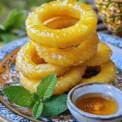 Für frittierte Ananasscheiben benötigen Sie: - 1 reife Ananas, geschält und in 2,5 cm dicke Ringe geschnitten - 1 Tasse Weizenmehl - 1 Teelöffel Backpulver - 1 Esslöffel Zucker - 1/2 Teelöffel Zimt - 1/4 Teelöffel Salz - 1 Tasse Kokosmilch (oder normale Milch) - 1/2 Tasse geraspelte Kokosnuss (optional, für zusätzliche Textur) - 1/2 Tasse Pflanzenöl (zum Frittieren) - Honig oder Ahornsirup (zum Beträufeln) Diese Zutaten sind einfach zu finden. Die Ananas bringt die Süße, während der Teig für die Knusprigkeit sorgt. Um den Geschmack zu variieren, können Sie Folgendes hinzufügen: - Vanilleextrakt für eine süßere Note - Kreuzkümmel für einen interessanten Twist - Eine Prise Chili für einen leichten Kick Diese Ergänzungen können den Geschmack Ihrer Ananasscheiben aufpeppen. Experimentieren Sie mit verschiedenen Aromen, um Ihre perfekte Kombination zu finden. Wenn Sie spezielle diätetische Anforderungen haben, probieren Sie diese Alternativen: - Verwenden Sie glutenfreies Mehl für eine glutenfreie Option. - Ersetzen Sie Kokosmilch durch Mandelmilch für eine laktosefreie Variante. - Nutzen Sie pflanzliche Süßstoffe, wenn Sie den Zuckergehalt senken möchten. Mit diesen Optionen können alle genießen, auch wenn sie Diäten folgen. Frittierte Ananasscheiben sind für jeden eine Freude. Sie können das vollständige Rezept für die Zubereitung der perfekten Ananasscheiben finden. Zuerst schneiden Sie die Ananas in Ringe. Jeder Ring sollte etwa 2,5 cm dick sein. Entfernen Sie den inneren Kern mit einem Ausstecher oder einem Messer. Tupfen Sie die Ringe mit Papiertüchern trocken. So entfernen Sie überschüssige Feuchtigkeit. Trockenheit hilft beim Frittieren. Für den Teig brauchen Sie eine Rührschüssel. Mischen Sie dort das Weizenmehl, Backpulver, Zucker, Zimt und Salz. Rühren Sie alles gut durch. Fügen Sie dann die Kokosmilch langsam hinzu. Rühren Sie weiter, bis der Teig glatt ist. Möchten Sie mehr Textur? Dann heben Sie die geraspelte Kokosnuss unter. Erhitzen Sie das Pflanzenöl in einer großen Pfanne. Die Hitze sollte mittel sein. Testen Sie das Öl mit einem kleinen Löffel Teig. Wenn es zischt, ist es heiß genug. Tauchen Sie jede Ananasscheibe in den Teig. Achten Sie darauf, dass sie gleichmäßig bedeckt ist. Legen Sie sie vorsichtig ins heiße Öl. Frittieren Sie die Ringe 2-3 Minuten pro Seite, bis sie goldbraun sind. Nehmen Sie sie nach dem Frittieren aus dem Öl. Legen Sie sie auf einen Teller mit Küchenpapier. So saugen Sie das überschüssige Öl auf. Servieren Sie die frittierten Ananasscheiben warm. Beträufeln Sie sie mit Honig oder Ahornsirup für einen süßen Genuss. Um die perfekten frittierten Ananasscheiben zu machen, achten Sie auf die Ananas. Wählen Sie eine reife Ananas. Sie sollte fest sein und einen süßen Duft haben. Schneiden Sie die Ananas in gleich dicke Ringe. 2,5 cm sind ideal. Entfernen Sie den inneren Kern, um die Textur zu verbessern. Der Teig ist wichtig. Er sollte glatt sein, ohne Klumpen. Mischen Sie die trockenen Zutaten gründlich, bevor Sie die Kokosmilch hinzufügen. Tauchen Sie die Ananasscheiben gut in den Teig. Das sorgt für eine schöne Kruste. Ein häufiger Fehler ist das falsche Öl. Verwenden Sie Pflanzenöl mit hohem Rauchpunkt. Erhitzen Sie das Öl gut, bevor Sie die Ananasscheiben hinzufügen. Ein Thermometer hilft, die Temperatur zu messen. Wenn das Öl nicht heiß genug ist, werden die Ringe nicht knusprig. Frittieren Sie nicht zu viele Ringe auf einmal. Das kühlt das Öl ab und macht die Ringe weich. Warten Sie, bis die Ringe goldbraun sind, bevor Sie sie wenden. Lassen Sie die frittierten Ananasscheiben auf Küchenpapier abtropfen, um überschüssiges Öl zu entfernen. Servieren Sie die frittierten Ananasscheiben warm. Beträufeln Sie sie mit Honig oder Ahornsirup für zusätzliche Süße. Ein Hauch Zimt darüber macht sie noch besser. Sie können die Ananasscheiben auch mit Eiscreme oder Joghurt servieren. Das gibt einen tollen Kontrast zu dem warmen, frittierten Geschmack. Garnieren Sie das Gericht mit frischen Minzblättern. Das sieht schön aus und bringt frische Aromen. Schauen Sie sich das [Full Recipe] an, um alle Schritte und Tipps zu sehen. {{image_4}} Frittierte Ananasscheiben sind sehr vielseitig. Sie können die Süße der Ananas mit verschiedenen Aromen kombinieren. Zum Beispiel, probieren Sie Zimt oder Muskatnuss für einen warmen Geschmack. Fügen Sie Kokosnuss hinzu, um einen tropischen Touch zu bekommen. Für eine herzhafte Option, denken Sie an Speck. Umwickeln Sie die Ananasscheiben mit Speck und braten Sie sie. Der süß-herzhafte Geschmack wird Sie überraschen. Der Teig kann einfach und lecker sein. Verwenden Sie Weizenmehl, aber experimentieren Sie mit anderen Mehlen. Reismehl gibt eine knusprige Textur. Maismehl bringt einen süßeren Geschmack. Sie können auch glutenfreie Mehle verwenden, wenn nötig. Versuchen Sie, verschiedene Flüssigkeiten wie Buttermilch oder Mandelmilch zu verwenden. Diese bringen neue Geschmäcker in den Teig. Wenn Sie gesünder kochen möchten, probieren Sie einen Air-Fryer. Er benötigt weniger Öl und macht die Ananasscheiben knusprig. Stellen Sie die Temperatur auf 180 °C ein und backen Sie sie für etwa 10 Minuten. Wenden Sie die Ringe einmal. Eine Ofenmethode ist auch möglich. Legen Sie die Ananasscheiben auf ein Backblech, bestreichen Sie sie leicht mit Öl und backen Sie sie bei 200 °C für 15 Minuten. So erhalten Sie goldene, leckere Ananasscheiben ohne viel Fett. Wenn Sie einige Ananasscheiben übrig haben, lassen Sie sie abkühlen. Legen Sie sie in einen luftdichten Behälter. Sie können diese im Kühlschrank aufbewahren. So bleiben sie frisch und lecker. Verwenden Sie ein Stück Küchenpapier, um die Feuchtigkeit zu reduzieren. Diese Tipps helfen, den Geschmack zu bewahren. Um die frittierten Ananasscheiben wieder warm zu machen, nutzen Sie eine Pfanne. Erhitzen Sie die Pfanne bei mittlerer Hitze. Legen Sie die Ananasscheiben in die Pfanne ohne Öl. Braten Sie sie etwa 1-2 Minuten auf jeder Seite. So bleiben sie knusprig und lecker. Sie können auch einen Toaster benutzen, aber er wird sie nicht so knusprig machen. Frittierte Ananasscheiben halten sich 2-3 Tage im Kühlschrank. Wenn Sie sie länger aufbewahren möchten, frieren Sie sie ein. Wickeln Sie die Ringe in Frischhaltefolie und legen Sie sie in einen Gefrierbeutel. So bleiben sie bis zu 2 Monate frisch. Achten Sie darauf, sie gut zu beschriften, damit Sie wissen, wann Sie sie eingefroren haben. Frittierte Ananasscheiben haben etwa 200 Kalorien pro Portion. Dies hängt von der Menge des verwendeten Öls ab. Auch die Beilagen können die Kalorienzahl erhöhen. Wenn Sie weniger Öl verwenden, sinkt die Kalorienzahl. Vermeiden Sie zu viel Honig oder Sirup, um die Kalorienzahl niedrig zu halten. Ja, Sie können frittierte Ananasscheiben vorbereiten. Frittieren Sie die Ringe und lassen Sie sie abkühlen. Lagern Sie die Ringe in einem luftdichten Behälter im Kühlschrank. Sie können sie später aufwärmen, aber sie schmecken frisch am besten. Achten Sie darauf, die Ringe nicht zu lange im Kühlschrank zu lassen. Neben Ananas können viele Früchte frittiert werden. Beliebte Optionen sind Bananen, Äpfel und Pfirsiche. Diese Früchte haben einen hohen Wassergehalt und werden beim Frittieren süß und zart. Einige Leute probieren auch Mango und Erdbeeren aus. Jede Frucht hat ihren eigenen Geschmack und Textur. Experimentieren Sie mit verschiedenen Früchten, um neue Geschmäcker zu entdecken. Frittierte Ananasscheiben sind ein leckeres und einfaches Gericht. Wir haben die wichtigsten Zutaten, Zubereitungsschritte und hilfreiche Tipps besprochen. Variationen und Lagerhinweise machen es noch besser. Wenn du diese Ananasscheiben zubereitest, achte auf die kleinen Tricks. So gelingen sie dir perfekt. Sei kreativ und probiere neue Zutaten aus. Frittierte Ananasscheiben bringen Freude auf jeden Tisch!