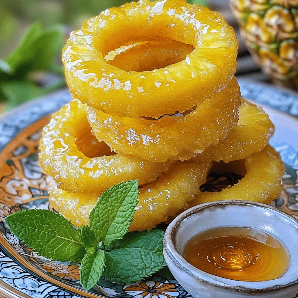 Für frittierte Ananasscheiben benötigen Sie: - 1 reife Ananas, geschält und in 2,5 cm dicke Ringe geschnitten - 1 Tasse Weizenmehl - 1 Teelöffel Backpulver - 1 Esslöffel Zucker - 1/2 Teelöffel Zimt - 1/4 Teelöffel Salz - 1 Tasse Kokosmilch (oder normale Milch) - 1/2 Tasse geraspelte Kokosnuss (optional, für zusätzliche Textur) - 1/2 Tasse Pflanzenöl (zum Frittieren) - Honig oder Ahornsirup (zum Beträufeln) Diese Zutaten sind einfach zu finden. Die Ananas bringt die Süße, während der Teig für die Knusprigkeit sorgt. Um den Geschmack zu variieren, können Sie Folgendes hinzufügen: - Vanilleextrakt für eine süßere Note - Kreuzkümmel für einen interessanten Twist - Eine Prise Chili für einen leichten Kick Diese Ergänzungen können den Geschmack Ihrer Ananasscheiben aufpeppen. Experimentieren Sie mit verschiedenen Aromen, um Ihre perfekte Kombination zu finden. Wenn Sie spezielle diätetische Anforderungen haben, probieren Sie diese Alternativen: - Verwenden Sie glutenfreies Mehl für eine glutenfreie Option. - Ersetzen Sie Kokosmilch durch Mandelmilch für eine laktosefreie Variante. - Nutzen Sie pflanzliche Süßstoffe, wenn Sie den Zuckergehalt senken möchten. Mit diesen Optionen können alle genießen, auch wenn sie Diäten folgen. Frittierte Ananasscheiben sind für jeden eine Freude. Sie können das vollständige Rezept für die Zubereitung der perfekten Ananasscheiben finden. Zuerst schneiden Sie die Ananas in Ringe. Jeder Ring sollte etwa 2,5 cm dick sein. Entfernen Sie den inneren Kern mit einem Ausstecher oder einem Messer. Tupfen Sie die Ringe mit Papiertüchern trocken. So entfernen Sie überschüssige Feuchtigkeit. Trockenheit hilft beim Frittieren. Für den Teig brauchen Sie eine Rührschüssel. Mischen Sie dort das Weizenmehl, Backpulver, Zucker, Zimt und Salz. Rühren Sie alles gut durch. Fügen Sie dann die Kokosmilch langsam hinzu. Rühren Sie weiter, bis der Teig glatt ist. Möchten Sie mehr Textur? Dann heben Sie die geraspelte Kokosnuss unter. Erhitzen Sie das Pflanzenöl in einer großen Pfanne. Die Hitze sollte mittel sein. Testen Sie das Öl mit einem kleinen Löffel Teig. Wenn es zischt, ist es heiß genug. Tauchen Sie jede Ananasscheibe in den Teig. Achten Sie darauf, dass sie gleichmäßig bedeckt ist. Legen Sie sie vorsichtig ins heiße Öl. Frittieren Sie die Ringe 2-3 Minuten pro Seite, bis sie goldbraun sind. Nehmen Sie sie nach dem Frittieren aus dem Öl. Legen Sie sie auf einen Teller mit Küchenpapier. So saugen Sie das überschüssige Öl auf. Servieren Sie die frittierten Ananasscheiben warm. Beträufeln Sie sie mit Honig oder Ahornsirup für einen süßen Genuss. Um die perfekten frittierten Ananasscheiben zu machen, achten Sie auf die Ananas. Wählen Sie eine reife Ananas. Sie sollte fest sein und einen süßen Duft haben. Schneiden Sie die Ananas in gleich dicke Ringe. 2,5 cm sind ideal. Entfernen Sie den inneren Kern, um die Textur zu verbessern. Der Teig ist wichtig. Er sollte glatt sein, ohne Klumpen. Mischen Sie die trockenen Zutaten gründlich, bevor Sie die Kokosmilch hinzufügen. Tauchen Sie die Ananasscheiben gut in den Teig. Das sorgt für eine schöne Kruste. Ein häufiger Fehler ist das falsche Öl. Verwenden Sie Pflanzenöl mit hohem Rauchpunkt. Erhitzen Sie das Öl gut, bevor Sie die Ananasscheiben hinzufügen. Ein Thermometer hilft, die Temperatur zu messen. Wenn das Öl nicht heiß genug ist, werden die Ringe nicht knusprig. Frittieren Sie nicht zu viele Ringe auf einmal. Das kühlt das Öl ab und macht die Ringe weich. Warten Sie, bis die Ringe goldbraun sind, bevor Sie sie wenden. Lassen Sie die frittierten Ananasscheiben auf Küchenpapier abtropfen, um überschüssiges Öl zu entfernen. Servieren Sie die frittierten Ananasscheiben warm. Beträufeln Sie sie mit Honig oder Ahornsirup für zusätzliche Süße. Ein Hauch Zimt darüber macht sie noch besser. Sie können die Ananasscheiben auch mit Eiscreme oder Joghurt servieren. Das gibt einen tollen Kontrast zu dem warmen, frittierten Geschmack. Garnieren Sie das Gericht mit frischen Minzblättern. Das sieht schön aus und bringt frische Aromen. Schauen Sie sich das [Full Recipe] an, um alle Schritte und Tipps zu sehen. {{image_4}} Frittierte Ananasscheiben sind sehr vielseitig. Sie können die Süße der Ananas mit verschiedenen Aromen kombinieren. Zum Beispiel, probieren Sie Zimt oder Muskatnuss für einen warmen Geschmack. Fügen Sie Kokosnuss hinzu, um einen tropischen Touch zu bekommen. Für eine herzhafte Option, denken Sie an Speck. Umwickeln Sie die Ananasscheiben mit Speck und braten Sie sie. Der süß-herzhafte Geschmack wird Sie überraschen. Der Teig kann einfach und lecker sein. Verwenden Sie Weizenmehl, aber experimentieren Sie mit anderen Mehlen. Reismehl gibt eine knusprige Textur. Maismehl bringt einen süßeren Geschmack. Sie können auch glutenfreie Mehle verwenden, wenn nötig. Versuchen Sie, verschiedene Flüssigkeiten wie Buttermilch oder Mandelmilch zu verwenden. Diese bringen neue Geschmäcker in den Teig. Wenn Sie gesünder kochen möchten, probieren Sie einen Air-Fryer. Er benötigt weniger Öl und macht die Ananasscheiben knusprig. Stellen Sie die Temperatur auf 180 °C ein und backen Sie sie für etwa 10 Minuten. Wenden Sie die Ringe einmal. Eine Ofenmethode ist auch möglich. Legen Sie die Ananasscheiben auf ein Backblech, bestreichen Sie sie leicht mit Öl und backen Sie sie bei 200 °C für 15 Minuten. So erhalten Sie goldene, leckere Ananasscheiben ohne viel Fett. Wenn Sie einige Ananasscheiben übrig haben, lassen Sie sie abkühlen. Legen Sie sie in einen luftdichten Behälter. Sie können diese im Kühlschrank aufbewahren. So bleiben sie frisch und lecker. Verwenden Sie ein Stück Küchenpapier, um die Feuchtigkeit zu reduzieren. Diese Tipps helfen, den Geschmack zu bewahren. Um die frittierten Ananasscheiben wieder warm zu machen, nutzen Sie eine Pfanne. Erhitzen Sie die Pfanne bei mittlerer Hitze. Legen Sie die Ananasscheiben in die Pfanne ohne Öl. Braten Sie sie etwa 1-2 Minuten auf jeder Seite. So bleiben sie knusprig und lecker. Sie können auch einen Toaster benutzen, aber er wird sie nicht so knusprig machen. Frittierte Ananasscheiben halten sich 2-3 Tage im Kühlschrank. Wenn Sie sie länger aufbewahren möchten, frieren Sie sie ein. Wickeln Sie die Ringe in Frischhaltefolie und legen Sie sie in einen Gefrierbeutel. So bleiben sie bis zu 2 Monate frisch. Achten Sie darauf, sie gut zu beschriften, damit Sie wissen, wann Sie sie eingefroren haben. Frittierte Ananasscheiben haben etwa 200 Kalorien pro Portion. Dies hängt von der Menge des verwendeten Öls ab. Auch die Beilagen können die Kalorienzahl erhöhen. Wenn Sie weniger Öl verwenden, sinkt die Kalorienzahl. Vermeiden Sie zu viel Honig oder Sirup, um die Kalorienzahl niedrig zu halten. Ja, Sie können frittierte Ananasscheiben vorbereiten. Frittieren Sie die Ringe und lassen Sie sie abkühlen. Lagern Sie die Ringe in einem luftdichten Behälter im Kühlschrank. Sie können sie später aufwärmen, aber sie schmecken frisch am besten. Achten Sie darauf, die Ringe nicht zu lange im Kühlschrank zu lassen. Neben Ananas können viele Früchte frittiert werden. Beliebte Optionen sind Bananen, Äpfel und Pfirsiche. Diese Früchte haben einen hohen Wassergehalt und werden beim Frittieren süß und zart. Einige Leute probieren auch Mango und Erdbeeren aus. Jede Frucht hat ihren eigenen Geschmack und Textur. Experimentieren Sie mit verschiedenen Früchten, um neue Geschmäcker zu entdecken. Frittierte Ananasscheiben sind ein leckeres und einfaches Gericht. Wir haben die wichtigsten Zutaten, Zubereitungsschritte und hilfreiche Tipps besprochen. Variationen und Lagerhinweise machen es noch besser. Wenn du diese Ananasscheiben zubereitest, achte auf die kleinen Tricks. So gelingen sie dir perfekt. Sei kreativ und probiere neue Zutaten aus. Frittierte Ananasscheiben bringen Freude auf jeden Tisch!