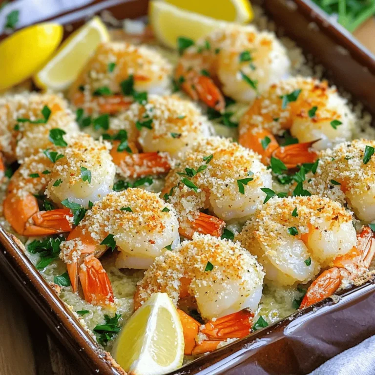 Die Hauptzutaten sind wichtig für den Geschmack. Hier sind die Zutaten, die Sie brauchen: - 450 g große Garnelen, geschält und entdarmt - 3 Esslöffel Olivenöl - 4 Knoblauchzehen, fein gehackt - 1 Teelöffel Paprika - 1/2 Teelöffel rote Pfefferflocken (optional) - 120 g geriebener Parmesan - 60 g Semmelbrösel (Panko empfohlen für zusätzlichen Crunch) - 2 Esslöffel frische Petersilie, gehackt - Saft von 1 Zitrone - Salz und Pfeffer nach Geschmack Diese Zutaten machen die Garnelen saftig und voller Geschmack. Die Gewürze sind das Geheimnis dieses Gerichts. Knoblauch bringt ein starkes Aroma. Paprika gibt eine süße Note. Rote Pfefferflocken fügen einen Schuss Schärfe hinzu. Diese Aromen harmonieren perfekt mit den Garnelen und dem Parmesan. Der Belag macht die Garnelen besonders knusprig. Kombinieren Sie den geriebenen Parmesan mit Panko. Panko ist japanisches Brotmehl und sorgt für mehr Crunch. Mit frischer Petersilie garnieren Sie das Gericht schön. Der Zitronensaft bringt Frische und Balance. Wenn Sie mehr über die Zubereitung erfahren möchten, schauen Sie sich das [Full Recipe](#) an. Heize deinen Ofen auf 200°C vor. Nimm eine Auflaufform und fette sie leicht mit Olivenöl ein. So bleibt nichts kleben und die Garnelen backen gleichmäßig. Nimm eine große Schüssel. Füge 3 Esslöffel Olivenöl, 4 fein gehackte Knoblauchzehen und 1 Teelöffel Paprika hinzu. Wenn du es scharf magst, gib auch 1/2 Teelöffel rote Pfefferflocken hinein. Streue Salz und Pfeffer nach Geschmack dazu. Rühre alles gut um, um eine leckere Marinade zu machen. Nimm 450 g große Garnelen, die geschält und entdarmt sind. Gib sie in die Marinade und vermenge alles gut. Lass die Garnelen 15-20 Minuten marinieren. So ziehen die Aromen in die Garnelen ein. In einer neuen Schüssel mische 120 g geriebenen Parmesan, 60 g Semmelbrösel und 2 Esslöffel gehackte Petersilie. Diese Mischung wird die knusprige Kruste. Lege die marinierten Garnelen gleichmäßig in die Auflaufform. Drücke etwas Zitronensaft über die Garnelen. Streue die Parmesan-Semmelbröselmischung gleichmäßig darauf. Backe die Garnelen 12-15 Minuten, bis sie rosa und undurchsichtig sind. Die Kruste sollte goldbraun und knusprig sein. Nach dem Backen lasse die Garnelen ein paar Minuten ruhen. Du kannst sie direkt in der Auflaufform servieren oder auf Teller anrichten. Garniere sie mit frischer Petersilie und Zitronenschnitzen für einen schönen Look. Für die vollständige Anleitung und mehr Details schaue dir das [Full Recipe] an. Die Garzeit für Garnelen ist wichtig. Sie sind schnell gar. Backen Sie die Garnelen für 12-15 Minuten. Achten Sie darauf, dass sie rosa und undurchsichtig werden. Überbacken Sie sie nicht, sonst werden sie zäh. Nutzen Sie eine Küchenuhr für genaue Zeiten. Für eine knusprige Kruste nutzen Sie Panko-Semmelbrösel. Diese sind leicht und luftig. Mischen Sie die Semmelbrösel mit Parmesan für extra Geschmack. Streuen Sie die Mischung gleichmäßig über die Garnelen. Backen Sie sie bei hoher Temperatur. So wird die Kruste goldbraun und knusprig. Um den Geschmack zu verbessern, marinieren Sie die Garnelen gut. Lassen Sie sie mindestens 15-20 Minuten in der Marinade. Nutzen Sie frischen Knoblauch für mehr Aroma. Ein Spritzer Zitronensaft verstärkt den Geschmack. Experimentieren Sie mit Gewürzen, um neue Aromen zu entdecken. Für mehr Frische fügen Sie frische Kräuter hinzu. Verwenden Sie die Full Recipe für genaue Anweisungen und weitere Tipps. {{image_4}} Wenn Sie es schärfer mögen, fügen Sie einfach mehr rote Pfefferflocken hinzu. Eine weitere Möglichkeit ist, frische Chilis in die Marinade zu geben. Habaneros oder Jalapeños bringen eine tolle Schärfe. Diese Würze passt perfekt zu den Garnelen und macht das Gericht aufregend. Wenn Sie eine vegetarische Option wünschen, können Sie die Garnelen durch Zucchini oder Blumenkohl ersetzen. Diese Gemüsesorten nehmen die Aromen gut auf. Sie können sie auch in der gleichen Marinade einlegen und mit Parmesan überbacken. So erhalten Sie eine leckere, fleischfreie Mahlzeit. Zu den Knoblauch-Parmesan gebackenen Garnelen passen viele Beilagen. Ein frischer grüner Salat bringt Frische auf den Teller. Auch Reis oder Pasta sind tolle Begleiter. Sie können ein einfaches Zitronen-Risotto zubereiten. Das ergänzt die Aromen wunderbar. Für mehr Crunch servieren Sie knuspriges Brot zum Dippen. Um übrig gebliebene Garnelen frisch zu halten, stellen Sie sicher, dass sie gut abgedeckt sind. Nutzen Sie einen luftdichten Behälter oder Wickeln Sie sie in Frischhaltefolie. So bleibt der Geschmack erhalten. Lagern Sie die Garnelen im Kühlschrank. Sie sollten innerhalb von drei Tagen gegessen werden. Um die Knoblauch-Parmesan Garnelen wieder aufzuwärmen, nutzen Sie den Ofen. Heizen Sie den Ofen auf 180 Grad Celsius vor. Legen Sie die Garnelen auf ein Backblech und decken Sie sie mit Alufolie ab. Erwärmen Sie sie für etwa 10 Minuten, bis sie heiß sind. Diese Methode hält die Garnelen saftig und verhindert das Austrocknen. Im Kühlschrank halten sich die Garnelen bis zu drei Tage. Wenn Sie sie länger aufbewahren möchten, können Sie sie einfrieren. Wickeln Sie die Garnelen gut ein oder nutzen Sie einen Gefrierbeutel. So bleiben sie bis zu drei Monate frisch. Denken Sie daran, sie über Nacht im Kühlschrank aufzutauen, bevor Sie sie wieder erhitzen. Die Garnelen backen in nur 12-15 Minuten. Sie sind fertig, wenn sie rosa und undurchsichtig sind. Achten Sie darauf, die Garnelen nicht zu lange zu backen. Zu langes Backen macht sie gummiartig. Ja, gefrorene Garnelen sind eine gute Wahl. Achten Sie darauf, sie zuerst vollständig aufzutauen. Legen Sie die Garnelen in kaltes Wasser für etwa 15-20 Minuten. Danach können Sie diese wie frische Garnelen marinieren und backen. Übrig gebliebene Garnelen sind vielseitig. Sie können sie in Salate, Pasta oder Tacos einfügen. Eine einfache Option ist, sie in einem Wrap mit frischem Gemüse zu servieren. Stellen Sie sicher, dass Sie die Garnelen gut kühlen und innerhalb von zwei Tagen essen. Knoblauch-Parmesan gebackene Garnelen sind einfach und lecker. Wir haben die Hauptzutaten, Gewürze und den perfekten Crunch besprochen. Außerdem hast du gelernt, Schritt für Schritt, wie du sie zubereitest. Achte auf die Garzeiten und die Knusprigkeit. Variationen bringen neuen Geschmack, und ich gab dir Tipps zur Aufbewahrung. Ich hoffe, du probierst dieses Rezept bald aus! Erlebe den tollen Geschmack, den du selbst erzeugen kannst.