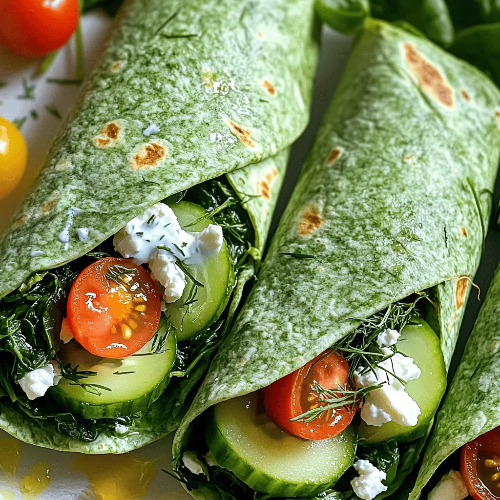 - Vollkorn- oder Spinat-Tortillas - Frischer Spinat - Feta-Käse Die Hauptzutaten sind einfach zu finden und sehr gesund. Tortillas aus Vollkorn oder Spinat sind eine tolle Basis. Sie bieten Ballaststoffe und Geschmack. Frischer Spinat ist reich an Eisen und Vitaminen. Feta-Käse bringt eine salzige Note, die super passt. - Gurke - Cherrytomaten - Rote Zwiebel Gurken sind knackig und kühl, perfekt für Wraps. Cherrytomaten fügen eine süße Frische hinzu. Rote Zwiebeln geben einen leichten Biss. Diese Zutaten machen dein Gericht bunt und ansprechend. - Griechischer Joghurt - Zitronensaft - Frischer Dill Das Dressing ist einfach und lecker. Griechischer Joghurt macht es cremig, während Zitronensaft Frische bringt. Dill sorgt für einen tollen Geschmack. Diese Kombination ist nicht nur gut, sondern auch gesund. Für das vollständige Rezept, siehe [Full Recipe]. Zuerst machen wir das Dressing. In einer Schüssel mischen wir griechischen Joghurt, Zitronensaft, Dill, Salz und Pfeffer. Rühre alles gut um, bis es cremig ist. Stelle es dann beiseite. Jetzt schneiden wir das Gemüse. Nimm den frischen Spinat und hacke ihn grob. Schneide die Gurke in dünne Scheiben und halbiere die Cherrytomaten. Die rote Zwiebel sollte auch dünn geschnitten werden. Kombiniere alles in einer großen Schüssel. Lege die Tortillas auf eine saubere Fläche. Bestreiche jede Tortilla mit einem Esslöffel des Joghurtdressings. Achte darauf, dass die gesamte Oberfläche bedeckt ist. Jetzt verteile die Spinat- und Feta-Mischung gleichmäßig auf jede Tortilla. Lass dabei einen kleinen Rand. Um die Wraps zu wickeln, beginne an einer Kante. Rolle die Tortilla fest auf. Klappe die Seiten während des Rollens ein, um die Füllung zu sichern. Wenn du die Wraps fertig hast, schneide sie schräg in der Mitte durch. So sieht es schön aus. Serviere die Wraps sofort oder wickle sie in Pergamentpapier. Du kannst sie bis zu zwei Stunden im Kühlschrank aufbewahren. So bleiben sie frisch. Wenn du mehr Tipps und Details brauchst, schau dir das [Full Recipe] an. Um die besten Spinat und Feta Wraps zu machen, wähle frische Zutaten. Ich kaufe meinen Spinat am liebsten beim lokalen Bauernmarkt. Dort finde ich knackigen, grünen Spinat. Achte darauf, dass die Blätter hellgrün sind und keine braunen Stellen haben. Für den Feta suche ich nach einem Käse aus Schafsmilch. Er hat einen stärkeren Geschmack als Kuhmilch-Feta. Saisonales Gemüse bringt mehr Geschmack. Im Frühling ist Spargel toll. Im Sommer kannst du bunte Paprika oder frische Kräuter wie Basilikum verwenden. Diese Zutaten machen deinen Wrap noch leckerer und gesünder. Häufige Fehler beim Wickeln der Wraps sind leicht zu vermeiden. Stelle sicher, dass du die Tortilla nicht überfüllst. Das macht das Wickeln schwer. Lass einen Rand von etwa zwei Zentimetern an den Seiten. So bleibt die Füllung drin. Richtiges Wickeln ist wichtig. Beginne an einer Kante und rolle die Tortilla eng auf. Klappe die Seiten beim Rollen ein. So bleibt alles schön verpackt. Wenn du die Wraps schneidest, benutze ein scharfes Messer für eine schöne Präsentation. Zu den Wraps passen viele Beilagen. Ein einfacher gemischter Salat mit einem leichten Dressing ist ideal. Auch ein frisch zubereiteter Quinoasalat ist eine gute Wahl. Für den perfekten Genuss, serviere dazu ein Glas Mineralwasser oder einen fruchtigen Smoothie. Diese Getränke ergänzen die frischen Aromen der Wraps. Für das vollständige Rezept, schau dir das Full Recipe an. {{image_4}} Möchtest du deine Wraps aufpeppen? Füge zusätzliches Protein hinzu. Ich empfehle, gekochtes Hähnchen oder Kichererbsen zu verwenden. Beide Optionen sind nahrhaft und machen die Wraps sättigender. Du kannst auch einen bunten Gemüsemix hinzufügen. Probiere Paprika, Karotten oder Avocado. Diese Zutaten bringen mehr Geschmack und Textur in deine Wraps. Um den Geschmack zu variieren, nutze andere Kräuter und Gewürze. Frischer Basilikum oder Oregano sind tolle Alternativen. Sie bringen eine neue Note in dein Gericht. Wenn du es schärfer magst, füge etwas Chili oder Cayennepfeffer hinzu. Ein wenig Schärfe kann den Geschmack wirklich aufpeppen. Wenn du glutenfrei essen möchtest, gibt es viele glutenfreie Tortillas. Diese sind oft aus Reis oder Mais. Sie bieten eine gute Basis für deine Wraps. Für Low-Carb Optionen kannst du Salatblätter verwenden. Sie sind leicht und frisch. So hast du einen gesunden Snack ohne viele Kohlenhydrate. Erfahre mehr über die Zubereitung in [Full Recipe]. - Im Kühlschrank: Bewahren Sie die Wraps in einem luftdichten Behälter auf. So bleiben sie frisch. Sie können sie bis zu zwei Tage im Kühlschrank lagern. Wickeln Sie die Wraps in Pergamentpapier, um die Feuchtigkeit zu kontrollieren. - Gefrieren der Wraps: Wenn Sie die Wraps länger aufbewahren möchten, können Sie sie einfrieren. Wickeln Sie jede Wrap einzeln in Frischhaltefolie. Legen Sie sie dann in einen gefrierfesten Beutel. So bleiben sie bis zu zwei Monate frisch. - Frische und optimale Lagerung: Die Wraps schmecken am besten, wenn Sie sie frisch genießen. Lagern Sie sie jedoch richtig, um ihre Frische zu verlängern. Achten Sie auf die Zutaten. Frischer Spinat und Feta haben die größte Auswirkung auf Geschmack und Haltbarkeit. - Vorgehensweise zur Vermeidung von Durchfeuchtung: Achten Sie darauf, dass die Wraps nicht zu lange in der Verpackung bleiben. Feuchtigkeit kann sie durchweichen. Wenn Sie sie für später aufbewahren, lassen Sie die Füllung abkühlen. Das verhindert, dass sich Kondenswasser bildet. Das Rezept ergibt vier große Wraps. Jede Portion ist perfekt für einen Snack oder ein leichtes Mittagessen. Wenn du kleinere Portionen bevorzugst, kannst du die Wraps auch halbieren und mit Freunden teilen. So hast du eine schöne Auswahl an gesunden Leckereien. Ja, du kannst die Wraps im Voraus zubereiten. Bereite sie einfach bis zu zwei Stunden vorher zu. Wickel sie in Pergamentpapier, damit sie frisch bleiben. Lagere sie im Kühlschrank, bis du bereit bist, sie zu genießen. Das Dressing kannst du auch separat aufbewahren, um die Wraps frisch zu halten. Die Wraps sind nicht vegan, da Feta-Käse und griechischer Joghurt enthalten sind. Du kannst jedoch vegane Alternativen verwenden. Statt Feta kannst du einen pflanzlichen Käse nehmen. Für das Dressing kannst du veganen Joghurt verwenden. So bleibt der Geschmack toll und die Wraps sind vegan. Du kannst das Dressing leicht anpassen. Probiere verschiedene Kräuter wie Basilikum oder Petersilie aus. Ein Spritzer Balsamico-Essig kann auch gut schmecken. Wenn du es schärfer magst, füge etwas Senf hinzu. Experimentiere mit den Zutaten, um deinen eigenen Geschmack zu finden. Die Wraps passen gut zu vielen Beilagen. Du kannst einen frischen Salat oder eine Gemüsesuppe servieren. Auch Hummus mit Gemüsesticks ist eine tolle Ergänzung. Diese Beilagen machen dein Essen noch bunter und gesünder. Du kannst Biokäse in vielen Supermärkten oder Bioläden finden. Achte auf das Bio-Siegel. Für frische Zutaten gehe am besten zum Wochenmarkt. Dort findest du oft lokale Erzeuger, die hochwertige Produkte anbieten. Das unterstützt nicht nur die Umwelt, sondern sorgt auch für besseren Geschmack. Diese Wraps sind gesund, weil sie viele frische Zutaten enthalten. Spinat ist reich an Vitaminen und Mineralien. Feta bringt Geschmack und Protein. Die Vollkorn-Tortillas bieten Ballaststoffe. Zusammen ergeben sie eine nahrhafte Mahlzeit, die dir Energie gibt und lange satt hält. Dieser Beitrag hat dir wichtige Schritte für leckere Wraps gezeigt. Du weißt jetzt, wie du frische Zutaten auswählst und das Dressing zubereitest. Perfekte Wraps sind einfach mit den richtigen Tricks. Variationen bieten dir viele Optionen und du kannst sie im Voraus zubereiten. Denke daran, die Wraps gut zu lagern, um ihre Frische zu bewahren. Mit diesen Tipps und Infos kannst du gesunde und leckere Wraps genießen. Viel Spaß beim Ausprobieren und guten Appetit!