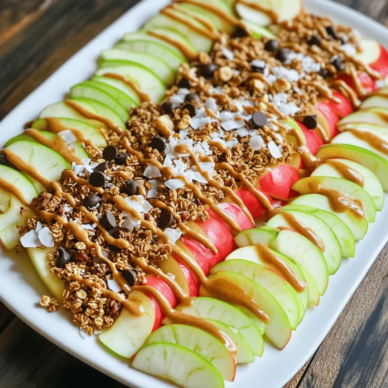 - 2 große Äpfel (Granny Smith oder Honeycrisp) - 60 ml Nussbutter (z.B. Mandelbutter) - 30 ml Honig oder Ahornsirup Die Hauptzutaten bilden die Basis für deine gesunden Apfel-Nachos. Äpfel sind frisch und knackig. Sie bringen eine natürliche Süße und tolle Vitamine mit. Nussbutter fügt gesunde Fette und Protein hinzu. Ich empfehle Mandelbutter, aber du kannst auch andere Nussbutter wählen. Honig oder Ahornsirup wirken als natürlicher Süßstoff und runden den Geschmack ab. - 60 ml Granola - 2 Esslöffel Mini-Dunkle Schokoladenstückchen - 60 ml ungesüßte Kokosraspeln Zusätzliche Toppings geben deinem Gericht den letzten Schliff. Granola sorgt für einen knusprigen Biss und viele Nährstoffe. Mini-Dunkle Schokoladenstückchen bringen eine süße Note. Ungesüßte Kokosraspeln fügen eine tropische Note hinzu und sind leicht süßlich. - 1/4 Teelöffel Zimt - Eine Handvoll gehackte Nüsse (Walnüsse oder Pekannüsse) Ein Hauch Zimt gibt deinen Nachos einen wunderbaren Geschmack. Du kannst auch Nüsse hinzufügen, um mehr Textur zu bekommen. Walnüsse oder Pekannüsse sind gute Optionen. Sie bringen gesunde Fette und einen tollen Crunch. Wenn du mehr über die Zubereitung erfahren möchtest, schau dir das [Full Recipe] an. Zuerst wasche die Äpfel gründlich unter fließendem Wasser. Dies entfernt Schmutz und Rückstände. Danach entkerne die Äpfel mit einem Apfelentkerner oder einem scharfen Messer. Schneide die Äpfel in dünne Scheiben, etwa 0,5 cm dick. Lege die Apfelscheiben auf einen großen Teller in einer einzigen Schicht. Nimm eine kleine Schüssel und füge die Mandelbutter hinzu. Gib den Honig oder den Ahornsirup dazu. Mische die beiden Zutaten gut, bis sie glatt sind. Prüfe die Konsistenz. Wenn die Mischung zu dick ist, erwärme sie für 10-15 Sekunden in der Mikrowelle. So wird sie leichter zu gießen. Jetzt kommt der spaßige Teil! Nimm einen Löffel und träufle die Mandelbutter-Mischung gleichmäßig auf die Apfelscheiben. Achte darauf, dass jede Scheibe etwas abbekommt. Streue dann das Granola, die Mini-Dunkle Schokoladenstückchen und die ungesüßten Kokosraspeln gleichmäßig über die Apfel-Nachos. Um den Geschmack zu verstärken, streue etwas Zimt leicht über die Nachos. Wenn du Nüsse magst, füge die gehackten Nüsse hinzu. Sie geben einen schönen Crunch und sind gesund! Serviere die gesunden Apfel-Nachos sofort, damit sie frisch und knackig bleiben. Du kannst sie schön anrichten, indem du die Nachos in einer bunten Schale präsentierst. Diese Nachos sind perfekt für einen Snack oder als süße Nachspeise. Für das vollständige Rezept, schau dir die Zutatenliste an! Granny Smith und Honeycrisp sind zwei tolle Apfelsorten für Nachos. Granny Smith hat einen knackigen, sauren Geschmack. Sie bleibt gut frisch und sorgt für einen tollen Kontrast. Honeycrisp hat eine süße, saftige Note. Diese Äpfel sind sehr aromatisch und bringen viel Freude. Wenn du die Wahl hast, probiere beide Sorten aus. Mische sie für mehr Geschmack und Textur. Das macht die Nachos noch spannender. Vegane Optionen sind eine großartige Wahl für Nussbutter. Du kannst Mandelbutter verwenden, aber auch Sonnenblumenbutter ist sehr lecker. Diese Optionen sind nahrhaft und voller Geschmack. Andere Geschmäcker ausprobieren macht auch Spaß. Probiere Erdnussbutter oder Cashewbutter für eine andere Note. Jedes Mal wird die Kombination einzigartig sein. Die Konsistenz der Nussbutter ist wichtig für die Apfel-Nachos. Wenn die Nussbutter zu dick ist, kann sie schwer zu träufeln sein. Erwärme die Nussbutter kurz in der Mikrowelle, um sie zu lockern. Wenn du die Nussbutter anpassen möchtest, füge etwas mehr Honig hinzu. Das macht sie cremiger und süßer. Achte darauf, dass sie nicht zu flüssig wird, sonst laufen die Nachos. Für das beste Ergebnis, achte auf die richtige Mischung. So bleibt alles schön zusammen. Du findest die perfekte Balance, wenn du es einmal ausprobierst. Für die vollständige Anleitung schau dir das [Full Recipe] an. {{image_4}} Du kannst verschiedene Nussbuttern verwenden, um deine Apfel-Nachos zu variieren. Cashew- oder Erdnussbutter sind gute Optionen. Cashewbutter hat einen milden Geschmack. Sie passt gut zu süßen Äpfeln. Erdnussbutter bringt etwas mehr Würze. Beide Nussbuttern sorgen für einen schönen Crunch und gesunde Fette. Wenn du deine Apfel-Nachos aufpeppen möchtest, füge besondere Toppings hinzu. Trockenfrüchte bringen Süße. Überlege dir, Rosinen oder Cranberries zu verwenden. Frische Beeren sind eine tolle Wahl, wenn du mehr Frische willst. Himbeeren oder Blaubeeren passen gut zu Äpfeln. Diese Toppings machen deine Nachos noch bunter und leckerer. Für Schokoladenliebhaber gibt es tolle Varianten. Du kannst dunkle Schokoladensauce verwenden. Diese Sauce ist süß und schokoladig. Träufle sie über die Apfel-Nachos für extra Geschmack. Du kannst auch Schokoladenstückchen hinzufügen. So bekommst du einen schönen Schokoladengeschmack in jedem Bissen. Es ist eine köstliche Ergänzung, die Spaß macht. Wenn du mehr über die gesunden Apfel-Nachos erfahren möchtest, sieh dir das [Full Recipe] an. Äpfel bleiben frisch, wenn du sie kühl und trocken lagerst. Lagere sie im Kühlschrank, um die Haltbarkeit zu verlängern. Wenn du Apfelscheiben vorbereitest, lege sie in eine Schüssel mit Wasser und etwas Zitronensaft. Das verhindert, dass sie braun werden. Sie bleiben so knackig und lecker. Wenn du gesunde Apfel-Nachos im Voraus zubereiten möchtest, schneide die Äpfel nicht zu früh. Bereite die Nachos kurz vor dem Servieren zu. Du kannst die Nussbutter-Mischung und die Toppings im Voraus bereitstellen. So sind sie schnell griffbereit, wenn du bereit bist, die Nachos zu genießen. Die gesunden Apfel-Nachos schmecken am besten frisch. Wenn du Reste hast, bewahre sie in einem luftdichten Behälter auf. Sie sind im Kühlschrank bis zu zwei Tage haltbar. Achte darauf, die Toppings separat zu lagern, um die Frische zu erhalten. So bleiben die Nachos knackig und die Toppings lecker. Die gesunden Apfel-Nachos ergeben zwischen 2 und 4 Portionen. Eine Portion besteht aus etwa 1 bis 2 Äpfeln. Du kannst die Portionen leicht anpassen, je nachdem, wie viele Gäste du hast. Serviere sie als Snack oder als leichtes Dessert. Ja, du kannst die Apfel-Nachos vegan machen. Verwende einfach Agavendicksaft oder einen anderen pflanzlichen Süßstoff anstelle von Honig. Mandelbutter ist ebenfalls vegan, aber du kannst jede Nuss- oder Samenbutter verwenden. Ja, du kannst andere Süßungsarten verwenden. Statt Honig oder Ahornsirup kannst du auch Agavendicksaft oder Kokosblütenzucker nehmen. Diese Optionen bringen ihren eigenen Geschmack mit. Experimentiere, um herauszufinden, was dir am besten schmeckt. Die Kalorien in den gesunden Apfel-Nachos variieren. Eine Portion hat etwa 250 bis 300 Kalorien. Dies hängt von den verwendeten Zutaten ab. Achte darauf, die Menge an Nussbutter und Süßung zu berücksichtigen, um die Kalorien zu steuern. Diese Anleitung zeigt, wie man leckere Apfel-Nachos macht. Wir haben die Hauptzutaten wie Äpfel, Nussbutter und Honig behandelt. Die Variationen und Tipps helfen dir, deine Nachos zu verfeinern. Vergiss nicht, die besten Apfelsorten und Nussbutter-Alternativen auszuprobieren. Kochen macht Spaß. Experimentiere mit neuen Toppings und genieße jede Portion. Gesundes Essen kann einfach und lecker sein. Viel Spaß beim Nachmachen und Servieren deiner Apfel-Nachos!