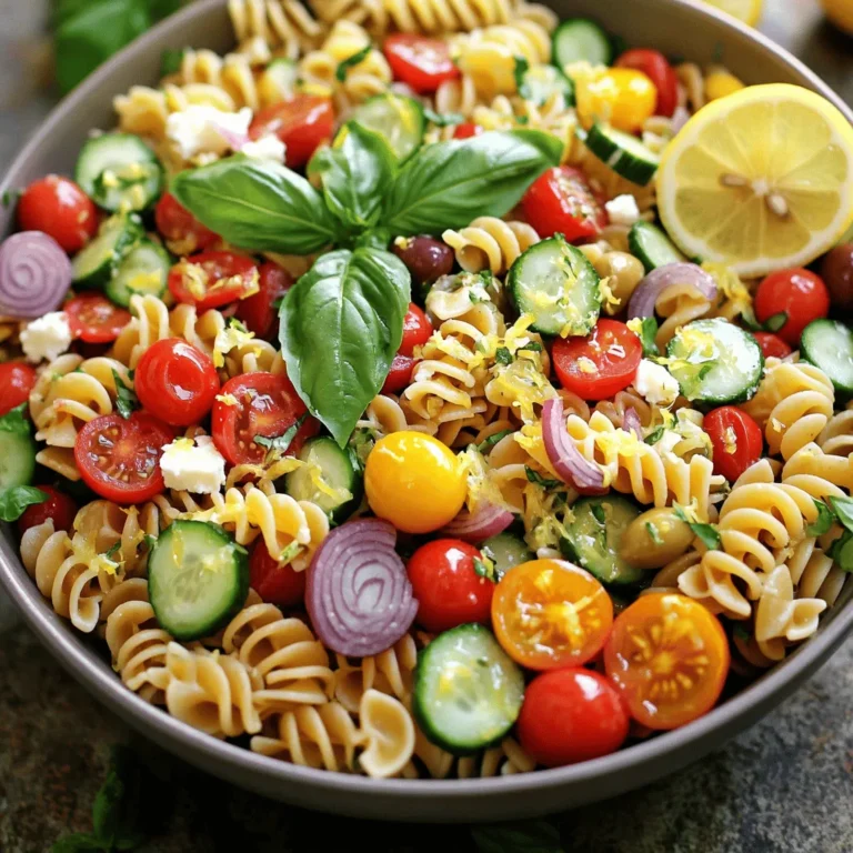 - Pasta (Fusilli, Penne oder Schmetterlinge) - Kirschtomaten, Gurke, rote Zwiebel - Olivenöl, Zitronensaft, Zitronenzeste Die Hauptzutaten sind einfach und frisch. Pasta ist der Grundbaustein. Ich bevorzuge Fusilli, da sie die Sauce gut halten. Kirschtomaten bringen Süße, während Gurke für Crunch sorgt. Die rote Zwiebel fügt einen scharfen Geschmack hinzu. Olivenöl, Zitronensaft und Zitronenzeste geben Frische. - Feta-Käse - Oliven (schwarz oder grün) - Frische Basilikumblätter Optionale Zutaten machen den Salat interessanter. Feta-Käse bringt Cremigkeit. Oliven fügen einen salzigen Biss hinzu. Frische Basilikumblätter verstärken den Geschmack. Diese Zutaten sind nicht notwendig, aber sie können den Salat aufwerten. Wenn du mehr über die Zubereitung erfahren möchtest, schau dir das [Full Recipe] an. Zuerst bringst du einen großen Topf mit gesalzenem Wasser zum Kochen. Das Wasser sollte sprudelnd sein. Sobald das Wasser kocht, gib die Pasta hinein. Koche die Pasta al dente, also bissfest, gemäß den Anweisungen auf der Verpackung. Das dauert meist 8 bis 12 Minuten. Nach dem Kochen gießt du die Pasta ab und spülst sie unter kaltem Wasser ab. So stoppst du den Kochprozess und die Pasta kühlt schnell ab. Für das Dressing nimmst du eine kleine Schüssel. Vermenge dort 80 ml Olivenöl, 60 ml frisch gepressten Zitronensaft und 1 Teelöffel Zitronenzeste. Füge Salz und Pfeffer nach Geschmack hinzu. Rühre die Zutaten gut um, bis sie eine gleichmäßige Masse bilden. Stelle das Dressing beiseite, während du die anderen Zutaten vorbereitest. In einer großen Rührschüssel vermischst du die abgekühlte Pasta mit 240 ml halbierten Kirschtomaten, einer gewürfelten Gurke, 1/2 fein gehackten roten Zwiebel, 60 g Oliven und 1/2 Tasse gehackten Basilikumblättern. Gieße das Dressing gleichmäßig über die Mischung. Rühre vorsichtig, damit alle Zutaten gut bedeckt sind. Wenn du Feta-Käse verwendest, hebe ihn nun vorsichtig unter den Salat. Dies gibt eine schöne Cremigkeit und zusätzlichen Geschmack. Um die perfekte Pasta zu kochen, bringe einen großen Topf mit gesalzenem Wasser zum Kochen. Das Wasser sollte sprudelnd sein, wenn du die Pasta hinzufügst. Koche die Pasta laut den Anweisungen auf der Verpackung. Achte darauf, sie al dente zu kochen. Das bedeutet, sie sollte noch etwas Biss haben. Nach dem Kochen gieße die Pasta ab und spüle sie mit kaltem Wasser ab. Dies stoppt den Kochprozess und hilft beim Abkühlen. Das Dressing ist der Schlüssel zu einem großartigen Pasta-Salat. Wenn du gesündere Alternativen suchst, probiere Joghurt oder Avocado. Diese Zutaten bringen Cremigkeit und sind nährstoffreich. Du kannst auch Balsamico-Essig hinzufügen, um eine neue Geschmacksrichtung zu kreieren. Eine Mischung aus verschiedenen Ölen kann auch spannend sein. Du kannst den Geschmack leicht anpassen, indem du Gewürze und Kräuter hinzufügst. Frischer Dill oder Petersilie passen gut zu diesem Salat. Ein Hauch von Chili-Flocken bringt Wärme und Tiefe. Experimentiere mit verschiedenen Kombinationen, um deinen perfekten Geschmack zu finden. Denk daran, die Zutaten schrittweise hinzuzufügen und zu probieren, um das Gleichgewicht zu finden. Für das Rezept kannst du [Full Recipe] verwenden. {{image_4}} Um den Zitronen-Basilikum-Pasta-Salat aufzupeppen, kannst du Protein hinzufügen. Hähnchen ist lecker und sättigend. Gegrillte Garnelen bringen einen tollen Geschmack. Kichererbsen sind eine gute pflanzliche Wahl. Sie sind gesund und fügen Textur hinzu. Wenn du es vegan magst, probiere vegane Käsesorten. Diese geben dem Salat eine cremige Note. Es gibt viele leckere Optionen, die gut schmelzen. So bleibt der Salat frisch und voll im Geschmack. Nutze saisonales Gemüse für zusätzlichen Geschmack. Im Frühling sind Spargel und Erbsen toll. Im Sommer passen Zucchini und Paprika gut dazu. Im Herbst kannst du geröstete Kürbisstücke verwenden. Sie machen den Salat bunt und nahrhaft. Für mehr Details, schaue dir das Full Recipe an. Bewahre deinen Zitronen-Basilikum-Pasta-Salat in einem luftdichten Behälter auf. So bleibt er frisch und lecker. Der Salat hält sich bis zu drei Tage im Kühlschrank. Achte darauf, ihn gut zu verschließen. So bleibt der Geschmack erhalten. Du kannst den Salat einen Tag vorher zubereiten. Das gibt den Aromen mehr Zeit zu verschmelzen. Koche die Pasta und bereite das Dressing vor. Mische alles erst kurz vor dem Servieren. So bleibt die Pasta schön knackig. Leider ist dieser Salat nicht gut zum Einfrieren geeignet. Die frischen Zutaten verlieren beim Auftauen ihre Textur. Für beste Ergebnisse, genieße ihn frisch zubereitet. Der Geschmack ist dann am besten. Für das vollständige Rezept besuche den Abschnitt "Full Recipe". Der Zitronen-Basilikum-Pasta-Salat bleibt im Kühlschrank etwa 3 bis 5 Tage frisch. Achte darauf, ihn in einem luftdichten Behälter zu lagern. So bleibt der Salat knackig und die Aromen gut erhalten. Wenn du ihn länger aufbewahren möchtest, kannst du die Dressing-Zutaten getrennt lagern. Das hält die Pasta und das Gemüse frisch. Ja, du kannst verschiedene Pastaformen wie Farfalle, Penne oder Spaghetti nutzen. Jede Form hat ihre eigene Textur und kann den Salat leicht verändern. Die Wahl der Pasta kann auch die Soßenaufnahme beeinflussen. Zum Beispiel halten kurze Pastaformen wie Fusilli die Dressings besser. Wenn du experimentierfreudig bist, probiere verschiedene Formen aus. Ja, der Salat ist vegan, wenn du den Feta-Käse weglässt. Du kannst auch vegane Käsesorten verwenden, um Geschmack und Cremigkeit hinzuzufügen. Alternativen sind Hefeflocken oder Cashewkäse. Diese Optionen bieten eine ähnliche Textur und einen tollen Geschmack. So bleibt der Salat leicht und frisch. Der Zitronen-Basilikum-Pasta-Salat ist einfach zuzubereiten. Du hast die wichtigsten Zutaten und Schritte kennengelernt. Ob du frischen Feta oder Hühnchen hinzufügst, bleibt dir überlassen. Auch die Variationen und Aufbewahrungstipps helfen dir, den Salat länger frisch zu halten. Denke daran, dass dieser Salat leicht anpassbar ist und sich perfekt für jeden Anlass eignet. Experimentiere mit verschiedenen Zutaten und finde deine Lieblingskombination. So wird jeder Biss zum Genuss!