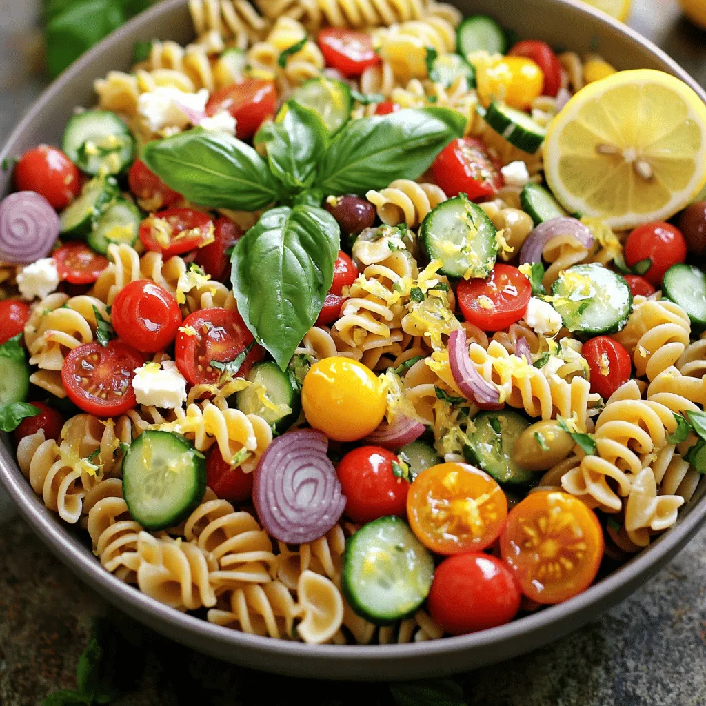 - Pasta (Fusilli, Penne oder Schmetterlinge) - Kirschtomaten, Gurke, rote Zwiebel - Olivenöl, Zitronensaft, Zitronenzeste Die Hauptzutaten sind einfach und frisch. Pasta ist der Grundbaustein. Ich bevorzuge Fusilli, da sie die Sauce gut halten. Kirschtomaten bringen Süße, während Gurke für Crunch sorgt. Die rote Zwiebel fügt einen scharfen Geschmack hinzu. Olivenöl, Zitronensaft und Zitronenzeste geben Frische. - Feta-Käse - Oliven (schwarz oder grün) - Frische Basilikumblätter Optionale Zutaten machen den Salat interessanter. Feta-Käse bringt Cremigkeit. Oliven fügen einen salzigen Biss hinzu. Frische Basilikumblätter verstärken den Geschmack. Diese Zutaten sind nicht notwendig, aber sie können den Salat aufwerten. Wenn du mehr über die Zubereitung erfahren möchtest, schau dir das [Full Recipe] an. Zuerst bringst du einen großen Topf mit gesalzenem Wasser zum Kochen. Das Wasser sollte sprudelnd sein. Sobald das Wasser kocht, gib die Pasta hinein. Koche die Pasta al dente, also bissfest, gemäß den Anweisungen auf der Verpackung. Das dauert meist 8 bis 12 Minuten. Nach dem Kochen gießt du die Pasta ab und spülst sie unter kaltem Wasser ab. So stoppst du den Kochprozess und die Pasta kühlt schnell ab. Für das Dressing nimmst du eine kleine Schüssel. Vermenge dort 80 ml Olivenöl, 60 ml frisch gepressten Zitronensaft und 1 Teelöffel Zitronenzeste. Füge Salz und Pfeffer nach Geschmack hinzu. Rühre die Zutaten gut um, bis sie eine gleichmäßige Masse bilden. Stelle das Dressing beiseite, während du die anderen Zutaten vorbereitest. In einer großen Rührschüssel vermischst du die abgekühlte Pasta mit 240 ml halbierten Kirschtomaten, einer gewürfelten Gurke, 1/2 fein gehackten roten Zwiebel, 60 g Oliven und 1/2 Tasse gehackten Basilikumblättern. Gieße das Dressing gleichmäßig über die Mischung. Rühre vorsichtig, damit alle Zutaten gut bedeckt sind. Wenn du Feta-Käse verwendest, hebe ihn nun vorsichtig unter den Salat. Dies gibt eine schöne Cremigkeit und zusätzlichen Geschmack. Um die perfekte Pasta zu kochen, bringe einen großen Topf mit gesalzenem Wasser zum Kochen. Das Wasser sollte sprudelnd sein, wenn du die Pasta hinzufügst. Koche die Pasta laut den Anweisungen auf der Verpackung. Achte darauf, sie al dente zu kochen. Das bedeutet, sie sollte noch etwas Biss haben. Nach dem Kochen gieße die Pasta ab und spüle sie mit kaltem Wasser ab. Dies stoppt den Kochprozess und hilft beim Abkühlen. Das Dressing ist der Schlüssel zu einem großartigen Pasta-Salat. Wenn du gesündere Alternativen suchst, probiere Joghurt oder Avocado. Diese Zutaten bringen Cremigkeit und sind nährstoffreich. Du kannst auch Balsamico-Essig hinzufügen, um eine neue Geschmacksrichtung zu kreieren. Eine Mischung aus verschiedenen Ölen kann auch spannend sein. Du kannst den Geschmack leicht anpassen, indem du Gewürze und Kräuter hinzufügst. Frischer Dill oder Petersilie passen gut zu diesem Salat. Ein Hauch von Chili-Flocken bringt Wärme und Tiefe. Experimentiere mit verschiedenen Kombinationen, um deinen perfekten Geschmack zu finden. Denk daran, die Zutaten schrittweise hinzuzufügen und zu probieren, um das Gleichgewicht zu finden. Für das Rezept kannst du [Full Recipe] verwenden. {{image_4}} Um den Zitronen-Basilikum-Pasta-Salat aufzupeppen, kannst du Protein hinzufügen. Hähnchen ist lecker und sättigend. Gegrillte Garnelen bringen einen tollen Geschmack. Kichererbsen sind eine gute pflanzliche Wahl. Sie sind gesund und fügen Textur hinzu. Wenn du es vegan magst, probiere vegane Käsesorten. Diese geben dem Salat eine cremige Note. Es gibt viele leckere Optionen, die gut schmelzen. So bleibt der Salat frisch und voll im Geschmack. Nutze saisonales Gemüse für zusätzlichen Geschmack. Im Frühling sind Spargel und Erbsen toll. Im Sommer passen Zucchini und Paprika gut dazu. Im Herbst kannst du geröstete Kürbisstücke verwenden. Sie machen den Salat bunt und nahrhaft. Für mehr Details, schaue dir das Full Recipe an. Bewahre deinen Zitronen-Basilikum-Pasta-Salat in einem luftdichten Behälter auf. So bleibt er frisch und lecker. Der Salat hält sich bis zu drei Tage im Kühlschrank. Achte darauf, ihn gut zu verschließen. So bleibt der Geschmack erhalten. Du kannst den Salat einen Tag vorher zubereiten. Das gibt den Aromen mehr Zeit zu verschmelzen. Koche die Pasta und bereite das Dressing vor. Mische alles erst kurz vor dem Servieren. So bleibt die Pasta schön knackig. Leider ist dieser Salat nicht gut zum Einfrieren geeignet. Die frischen Zutaten verlieren beim Auftauen ihre Textur. Für beste Ergebnisse, genieße ihn frisch zubereitet. Der Geschmack ist dann am besten. Für das vollständige Rezept besuche den Abschnitt "Full Recipe". Der Zitronen-Basilikum-Pasta-Salat bleibt im Kühlschrank etwa 3 bis 5 Tage frisch. Achte darauf, ihn in einem luftdichten Behälter zu lagern. So bleibt der Salat knackig und die Aromen gut erhalten. Wenn du ihn länger aufbewahren möchtest, kannst du die Dressing-Zutaten getrennt lagern. Das hält die Pasta und das Gemüse frisch. Ja, du kannst verschiedene Pastaformen wie Farfalle, Penne oder Spaghetti nutzen. Jede Form hat ihre eigene Textur und kann den Salat leicht verändern. Die Wahl der Pasta kann auch die Soßenaufnahme beeinflussen. Zum Beispiel halten kurze Pastaformen wie Fusilli die Dressings besser. Wenn du experimentierfreudig bist, probiere verschiedene Formen aus. Ja, der Salat ist vegan, wenn du den Feta-Käse weglässt. Du kannst auch vegane Käsesorten verwenden, um Geschmack und Cremigkeit hinzuzufügen. Alternativen sind Hefeflocken oder Cashewkäse. Diese Optionen bieten eine ähnliche Textur und einen tollen Geschmack. So bleibt der Salat leicht und frisch. Der Zitronen-Basilikum-Pasta-Salat ist einfach zuzubereiten. Du hast die wichtigsten Zutaten und Schritte kennengelernt. Ob du frischen Feta oder Hühnchen hinzufügst, bleibt dir überlassen. Auch die Variationen und Aufbewahrungstipps helfen dir, den Salat länger frisch zu halten. Denke daran, dass dieser Salat leicht anpassbar ist und sich perfekt für jeden Anlass eignet. Experimentiere mit verschiedenen Zutaten und finde deine Lieblingskombination. So wird jeder Biss zum Genuss!