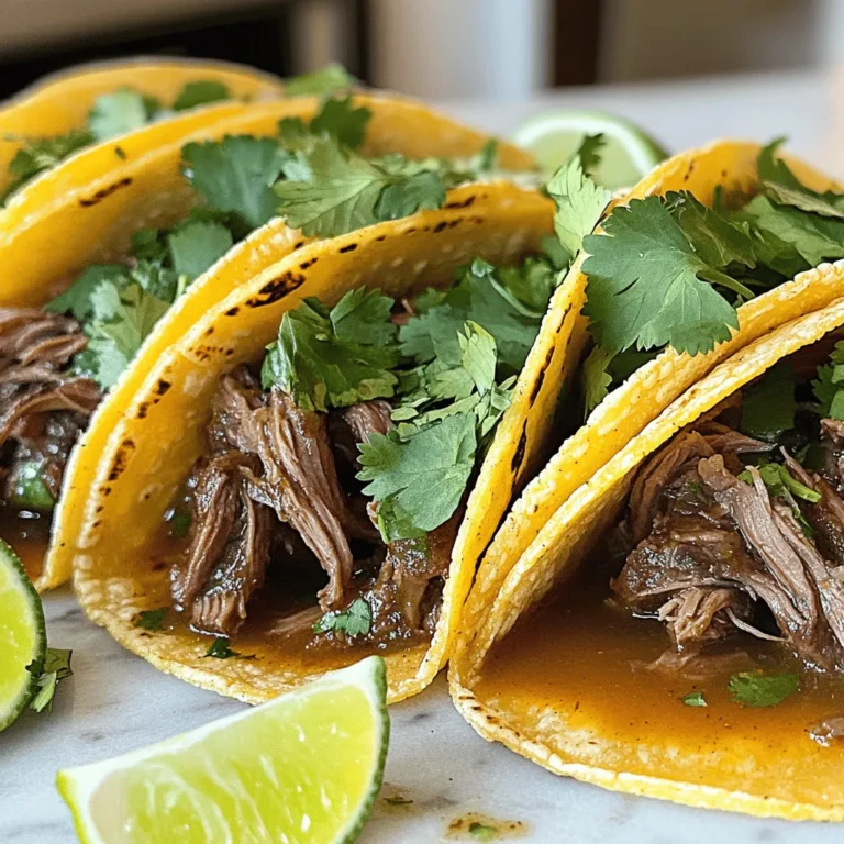 Für meine Birria Tacos brauche ich frische und schmackhafte Zutaten. Hier sind die Hauptzutaten: - 900 g Rindfleisch (Schulterbraten) - 450 g Rindfleisch mit Knochen (Beinscheibe) - 4 getrocknete Guajillo-Chilis, entstielt und entkernt - 2 getrocknete Ancho-Chilis, entstielt und entkernt - 1 mittlere Zwiebel, geviertelt - 4 Knoblauchzehen, gehackt - 1 Esslöffel gemahlener Kreuzkümmel - 1 Esslöffel getrockneter Oregano - 1 Teelöffel gemahlener Zimt - 1 Teelöffel schwarzer Pfeffer - 1 Esslöffel Salz (nach Geschmack anpassen) - 1 Liter Rinderbrühe - 2 Lorbeerblätter - Maistortillas - Frischer Koriander, gehackt (zur Garnierung) - Limettenspalten (zum Servieren) Die Gewürze sind der Schlüssel zu diesem Gericht. Sie bringen den tollen Geschmack. Kreuzkümmel gibt Tiefe. Oregano sorgt für frische Aromen. Zimt gibt eine süße Note. Die Chilis bringen Schärfe und Farbe. Ich röste die Chilis zuerst. So entfalten sie ihr volles Aroma. Falls du kein Rindfleisch magst, kannst du Hähnchen verwenden. Es wird auch sehr saftig. Für eine vegetarische Option, nutze Pilze oder Tofu. Diese sind perfekt für die Brühe. Die Gewürze bleiben gleich, um den Geschmack zu halten. Experimentiere und finde deine perfekte Mischung! Wenn du mehr über die Zubereitung erfahren möchtest, schau dir das [Full Recipe] an. Um die Chilis vorzubereiten, röste die Guajillo- und Ancho-Chilis. Nimm eine trockene Pfanne und stelle die Hitze auf mittel. Röste die Chilis für 2-3 Minuten. Die Chilis sollten duften, aber nicht brennen. Danach entferne die Stiele und Kerne. Das gibt deinem Gericht viel Geschmack und Aroma. Jetzt kommt der spannende Teil! Gib die gerösteten Chilis in einen Mixer. Füge die geviertelte Zwiebel, den gehackten Knoblauch, Kreuzkümmel, Oregano, Zimt, schwarzen Pfeffer und etwas Salz hinzu. Mixe alles zu einer glatten Paste. Wenn es zu dick ist, füge einen Schuss Rinderbrühe hinzu. Diese Paste ist das Herz deiner Birria Tacos. Nimm eine große Schüssel und lege das Rindfleisch hinein. Das sind der Schulterbraten und die Beinscheibe. Gieße die Gewürzpaste über das Fleisch. Mische alles gut, damit das Fleisch gleichmäßig bedeckt ist. Übertrage die Mischung dann in den Crock Pot. Gieße die restliche Rinderbrühe darüber. Vergiss nicht, die Lorbeerblätter hinzuzufügen! Stelle den Crock Pot auf die niedrigste Stufe. Lass das Fleisch etwa 8 Stunden garen. Es sollte sehr zart sein und sich leicht zerteilen lassen. Nach dem Garen nimm das Fleisch und die Lorbeerblätter heraus. Zerteile das Fleisch mit zwei Gabeln und gib es zurück in die Brühe. Das sorgt für noch mehr Geschmack. Um das Fleisch zart zu machen, wähle die richtigen Stücke. Schulterbraten und Beinscheibe sind ideal. Diese Stücke haben mehr Fett und Bindegewebe. Das Fett schmilzt beim Kochen und macht das Fleisch saftig. Koche das Fleisch mindestens acht Stunden im Crock Pot. So zerfällt es leicht mit einer Gabel. Ein guter Tipp: Lass das Fleisch nach dem Garen ruhen. So bleibt der Saft im Fleisch. Der beste Zeitpunkt zum Servieren ist, wenn das Fleisch zart und duftend ist. Überprüfe die Konsistenz nach acht Stunden. Wenn du es schneller servieren möchtest, kannst du die Temperatur erhöhen. Aber langsam garen bringt den besten Geschmack. Bereite die Tortillas kurz vor dem Servieren vor. So sind sie frisch und warm. Es macht einen großen Unterschied. Maistortillas sind die beste Wahl für Birria Tacos. Sie sind weich und nehmen die Aromen gut auf. Erhitze die Tortillas in einer Pfanne. Tauche sie kurz in die Brühe, damit sie feucht werden. Dies macht sie noch besser. Fülle die Tortillas mit zerrissenem Fleisch und brate sie knusprig. So bekommst du die perfekte Textur. Wenn du magst, füge frischen Koriander und Limette hinzu. Das bringt Frische und Geschmack. {{image_4}} Wenn du eine pflanzenbasierte Option möchtest, probiere Jackfruit. Jackfruit hat eine fleischige Textur. Du kannst sie einfach mit den gleichen Gewürzen zubereiten. Koche die Jackfruit in Gemüsebrühe für mehr Geschmack. Auch Linsen oder schwarze Bohnen sind tolle Alternativen. Diese Zutaten bieten viel Protein und Geschmack. Du kannst auch Hähnchen oder Schweinefleisch verwenden. Hähnchenbrust ist schneller gar und bleibt saftig. Für Schweinefleisch empfehle ich den Nacken, da er viel Geschmack hat. Achte darauf, die Garzeit anzupassen. Jedes Fleisch bringt seine eigene Note in die Tacos. Serviere die Tacos mit verschiedenen Beilagen. Guacamole, Salsa und saure Sahne passen gut dazu. Frischer Koriander und Limettenspalten bringen Frische. Du kannst auch eingelegte Zwiebeln als Topping nutzen. Diese Varianten machen die Tacos noch spannender und bunter. Um die Birria Tacos frisch zu halten, lagere die restlichen Zutaten getrennt. Das Fleisch und die Brühe bleiben so besser im Geschmack. Verwende luftdichte Behälter. Bewahre die Tacos im Kühlschrank auf, wenn du sie nicht sofort isst. Achte darauf, nicht zu viele Tacos auf einmal zu lagern. So bleibt alles frisch und lecker. Um die Tacos wieder aufzuwärmen, nutze eine Pfanne. Erhitze die Pfanne auf mittlerer Stufe. Lege die Tacos ohne Brühe hinein. Brate sie etwa zwei Minuten auf jeder Seite. So werden sie wieder knusprig. Du kannst auch etwas Brühe hinzufügen, um die Tacos feucht zu halten. Die Birria hält sich im Kühlschrank etwa drei bis vier Tage. Die Brühe bleibt auch nach dem Kochen lange frisch. Wenn du die Tacos einfrierst, kannst du sie bis zu drei Monate lagern. Stelle sicher, dass alles gut verpackt ist. So vermeidest du Gefrierbrand. Wenn du sie wieder auftauen willst, lasse sie über Nacht im Kühlschrank. Die Zubereitung von Crock Pot Birria Tacos dauert etwa 15 Minuten. Das Kochen im Crock Pot braucht dann etwa 8 Stunden. Sie können die Tacos also einfach am Morgen vorbereiten und abends genießen. Die lange Garzeit macht das Fleisch sehr zart und lecker. Ja, Sie können Birria Tacos im Voraus zubereiten. Kochen Sie das Fleisch einen Tag vorher. Lagern Sie es im Kühlschrank, bis Sie bereit sind, die Tacos zu machen. Wenn Sie die Tacos aufwärmen, wird das Fleisch noch besser, da die Aromen Zeit haben, sich zu verbinden. Eine leckere Sauce für Birria Tacos ist die Brühe, in der das Fleisch gekocht wurde. Diese Brühe ist reich an Geschmack. Sie können sie auch mit frischem Koriander und Limettensaft aufpeppen. So geben Sie den Tacos einen frischen Kick. Probieren Sie auch eine scharfe Salsa oder eine Avocado-Sauce für mehr Vielfalt. Crock Pot Birria Tacos sind einfach und lecker. Wir haben die besten Zutaten, Gewürze und Alternativen betrachtet. Die Schritt-für-Schritt-Anleitung hilft dir, die Chilis und die Gewürzpaste zuzubereiten. Das richtige Kochen im Crock Pot macht das Fleisch zart. Einige Tipps heben deine Tacos hervor, während Variationen für jeden Geschmack sorgen. Denk an gute Lagerung und Aufwärm-Tipps. Probiere es aus, und genieß die tollen Aromen!