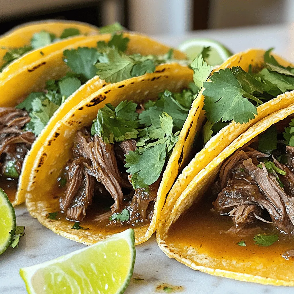 Für meine Birria Tacos brauche ich frische und schmackhafte Zutaten. Hier sind die Hauptzutaten: - 900 g Rindfleisch (Schulterbraten) - 450 g Rindfleisch mit Knochen (Beinscheibe) - 4 getrocknete Guajillo-Chilis, entstielt und entkernt - 2 getrocknete Ancho-Chilis, entstielt und entkernt - 1 mittlere Zwiebel, geviertelt - 4 Knoblauchzehen, gehackt - 1 Esslöffel gemahlener Kreuzkümmel - 1 Esslöffel getrockneter Oregano - 1 Teelöffel gemahlener Zimt - 1 Teelöffel schwarzer Pfeffer - 1 Esslöffel Salz (nach Geschmack anpassen) - 1 Liter Rinderbrühe - 2 Lorbeerblätter - Maistortillas - Frischer Koriander, gehackt (zur Garnierung) - Limettenspalten (zum Servieren) Die Gewürze sind der Schlüssel zu diesem Gericht. Sie bringen den tollen Geschmack. Kreuzkümmel gibt Tiefe. Oregano sorgt für frische Aromen. Zimt gibt eine süße Note. Die Chilis bringen Schärfe und Farbe. Ich röste die Chilis zuerst. So entfalten sie ihr volles Aroma. Falls du kein Rindfleisch magst, kannst du Hähnchen verwenden. Es wird auch sehr saftig. Für eine vegetarische Option, nutze Pilze oder Tofu. Diese sind perfekt für die Brühe. Die Gewürze bleiben gleich, um den Geschmack zu halten. Experimentiere und finde deine perfekte Mischung! Wenn du mehr über die Zubereitung erfahren möchtest, schau dir das [Full Recipe] an. Um die Chilis vorzubereiten, röste die Guajillo- und Ancho-Chilis. Nimm eine trockene Pfanne und stelle die Hitze auf mittel. Röste die Chilis für 2-3 Minuten. Die Chilis sollten duften, aber nicht brennen. Danach entferne die Stiele und Kerne. Das gibt deinem Gericht viel Geschmack und Aroma. Jetzt kommt der spannende Teil! Gib die gerösteten Chilis in einen Mixer. Füge die geviertelte Zwiebel, den gehackten Knoblauch, Kreuzkümmel, Oregano, Zimt, schwarzen Pfeffer und etwas Salz hinzu. Mixe alles zu einer glatten Paste. Wenn es zu dick ist, füge einen Schuss Rinderbrühe hinzu. Diese Paste ist das Herz deiner Birria Tacos. Nimm eine große Schüssel und lege das Rindfleisch hinein. Das sind der Schulterbraten und die Beinscheibe. Gieße die Gewürzpaste über das Fleisch. Mische alles gut, damit das Fleisch gleichmäßig bedeckt ist. Übertrage die Mischung dann in den Crock Pot. Gieße die restliche Rinderbrühe darüber. Vergiss nicht, die Lorbeerblätter hinzuzufügen! Stelle den Crock Pot auf die niedrigste Stufe. Lass das Fleisch etwa 8 Stunden garen. Es sollte sehr zart sein und sich leicht zerteilen lassen. Nach dem Garen nimm das Fleisch und die Lorbeerblätter heraus. Zerteile das Fleisch mit zwei Gabeln und gib es zurück in die Brühe. Das sorgt für noch mehr Geschmack. Um das Fleisch zart zu machen, wähle die richtigen Stücke. Schulterbraten und Beinscheibe sind ideal. Diese Stücke haben mehr Fett und Bindegewebe. Das Fett schmilzt beim Kochen und macht das Fleisch saftig. Koche das Fleisch mindestens acht Stunden im Crock Pot. So zerfällt es leicht mit einer Gabel. Ein guter Tipp: Lass das Fleisch nach dem Garen ruhen. So bleibt der Saft im Fleisch. Der beste Zeitpunkt zum Servieren ist, wenn das Fleisch zart und duftend ist. Überprüfe die Konsistenz nach acht Stunden. Wenn du es schneller servieren möchtest, kannst du die Temperatur erhöhen. Aber langsam garen bringt den besten Geschmack. Bereite die Tortillas kurz vor dem Servieren vor. So sind sie frisch und warm. Es macht einen großen Unterschied. Maistortillas sind die beste Wahl für Birria Tacos. Sie sind weich und nehmen die Aromen gut auf. Erhitze die Tortillas in einer Pfanne. Tauche sie kurz in die Brühe, damit sie feucht werden. Dies macht sie noch besser. Fülle die Tortillas mit zerrissenem Fleisch und brate sie knusprig. So bekommst du die perfekte Textur. Wenn du magst, füge frischen Koriander und Limette hinzu. Das bringt Frische und Geschmack. {{image_4}} Wenn du eine pflanzenbasierte Option möchtest, probiere Jackfruit. Jackfruit hat eine fleischige Textur. Du kannst sie einfach mit den gleichen Gewürzen zubereiten. Koche die Jackfruit in Gemüsebrühe für mehr Geschmack. Auch Linsen oder schwarze Bohnen sind tolle Alternativen. Diese Zutaten bieten viel Protein und Geschmack. Du kannst auch Hähnchen oder Schweinefleisch verwenden. Hähnchenbrust ist schneller gar und bleibt saftig. Für Schweinefleisch empfehle ich den Nacken, da er viel Geschmack hat. Achte darauf, die Garzeit anzupassen. Jedes Fleisch bringt seine eigene Note in die Tacos. Serviere die Tacos mit verschiedenen Beilagen. Guacamole, Salsa und saure Sahne passen gut dazu. Frischer Koriander und Limettenspalten bringen Frische. Du kannst auch eingelegte Zwiebeln als Topping nutzen. Diese Varianten machen die Tacos noch spannender und bunter. Um die Birria Tacos frisch zu halten, lagere die restlichen Zutaten getrennt. Das Fleisch und die Brühe bleiben so besser im Geschmack. Verwende luftdichte Behälter. Bewahre die Tacos im Kühlschrank auf, wenn du sie nicht sofort isst. Achte darauf, nicht zu viele Tacos auf einmal zu lagern. So bleibt alles frisch und lecker. Um die Tacos wieder aufzuwärmen, nutze eine Pfanne. Erhitze die Pfanne auf mittlerer Stufe. Lege die Tacos ohne Brühe hinein. Brate sie etwa zwei Minuten auf jeder Seite. So werden sie wieder knusprig. Du kannst auch etwas Brühe hinzufügen, um die Tacos feucht zu halten. Die Birria hält sich im Kühlschrank etwa drei bis vier Tage. Die Brühe bleibt auch nach dem Kochen lange frisch. Wenn du die Tacos einfrierst, kannst du sie bis zu drei Monate lagern. Stelle sicher, dass alles gut verpackt ist. So vermeidest du Gefrierbrand. Wenn du sie wieder auftauen willst, lasse sie über Nacht im Kühlschrank. Die Zubereitung von Crock Pot Birria Tacos dauert etwa 15 Minuten. Das Kochen im Crock Pot braucht dann etwa 8 Stunden. Sie können die Tacos also einfach am Morgen vorbereiten und abends genießen. Die lange Garzeit macht das Fleisch sehr zart und lecker. Ja, Sie können Birria Tacos im Voraus zubereiten. Kochen Sie das Fleisch einen Tag vorher. Lagern Sie es im Kühlschrank, bis Sie bereit sind, die Tacos zu machen. Wenn Sie die Tacos aufwärmen, wird das Fleisch noch besser, da die Aromen Zeit haben, sich zu verbinden. Eine leckere Sauce für Birria Tacos ist die Brühe, in der das Fleisch gekocht wurde. Diese Brühe ist reich an Geschmack. Sie können sie auch mit frischem Koriander und Limettensaft aufpeppen. So geben Sie den Tacos einen frischen Kick. Probieren Sie auch eine scharfe Salsa oder eine Avocado-Sauce für mehr Vielfalt. Crock Pot Birria Tacos sind einfach und lecker. Wir haben die besten Zutaten, Gewürze und Alternativen betrachtet. Die Schritt-für-Schritt-Anleitung hilft dir, die Chilis und die Gewürzpaste zuzubereiten. Das richtige Kochen im Crock Pot macht das Fleisch zart. Einige Tipps heben deine Tacos hervor, während Variationen für jeden Geschmack sorgen. Denk an gute Lagerung und Aufwärm-Tipps. Probiere es aus, und genieß die tollen Aromen!