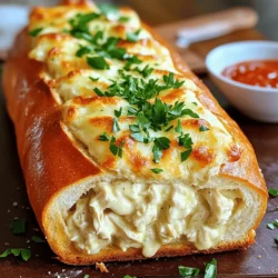 Um Chicken Alfredo Stuffed Garlic Bread zu machen, brauchen wir einige Hauptzutaten. Diese sind: - 1 großes, frisches italienisches Brot - 2 Tassen gekochte und zerkleinerte Hähnchenbrust - 1 Tasse Sahne - 1 Tasse geriebener Parmesan-Käse - 1 Teelöffel Knoblauchpulver - 1 Esslöffel frische Petersilie, gehackt - 1 Esslöffel Olivenöl - 1 Teelöffel italienische Gewürzmischung - Salz und Pfeffer nach Geschmack - 4 Knoblauchzehen, fein gehackt - 1 Tasse geriebener Mozzarella-Käse - 2 Esslöffel Butter, weich Die Gewürze und aromatischen Zutaten bringen viel Geschmack. Hier sind die wichtigsten: - Knoblauchpulver gibt einen schönen Knoblauchgeschmack. - Frische Petersilie sorgt für Farbe und Frische. - Die italienische Gewürzmischung bietet einen tollen Mix aus Kräutern. - Salz und Pfeffer runden den Geschmack ab. Wählen Sie frische und hochwertige Zutaten. Das Brot sollte knusprig und weich sein. Achten Sie darauf, dass das Hähnchen gut gekocht und zart ist. Der Käse sollte frisch gerieben sein für den besten Geschmack. Verwenden Sie frische Kräuter, wenn möglich. Diese Tipps helfen Ihnen, das beste Ergebnis zu erzielen. Für das vollständige Rezept besuchen Sie bitte den Abschnitt „Full Recipe“. Zuerst heizen Sie den Ofen auf 190°C (375°F) vor. Nehmen Sie dann das italienische Brot. Schneiden Sie das Brot längs auf, aber nicht ganz durch. Aushöhlen ist wichtig, um Platz für die Füllung zu schaffen. Bestreichen Sie die Innenseite mit Olivenöl. Streuen Sie eine Prise Salz und gehackte Petersilie darauf. So bekommt das Brot einen tollen Geschmack. Für die Alfredo-Sauce schmelzen Sie die Butter in einem Topf. Fügen Sie den fein gehackten Knoblauch hinzu und braten Sie ihn kurz an. Geben Sie die Sahne dazu und bringen Sie sie zum Köcheln. Dann reduzieren Sie die Hitze. Fügen Sie den geriebenen Parmesan, das Knoblauchpulver, die italienische Gewürzmischung, Salz und Pfeffer hinzu. Rühren Sie alles gut um, bis die Sauce dick wird. Nehmen Sie die Sauce vom Herd und mischen Sie das zerkleinerte Hähnchen unter. So wird das Hähnchen gleichmäßig mit der Sauce bedeckt. Jetzt füllen Sie das ausgehöhlte Brot mit der Hähnchen-Alfredo-Mischung. Streuen Sie den geriebenen Mozzarella-Käse oben drauf. Wickeln Sie das gefüllte Brot in Aluminiumfolie und legen Sie es auf ein Backblech. Backen Sie das Brot zuerst 20 Minuten mit der Folie. Danach nehmen Sie die Folie ab und backen es weitere 10 Minuten, bis es goldbraun ist. Lassen Sie das Brot einige Minuten abkühlen, bevor Sie es aufschneiden. Servieren Sie es warm und genießen Sie jeden Bissen. Für mehr Details, schauen Sie sich das [Full Recipe] an. Ein häufiger Fehler ist, das Brot zu tief zu schneiden. Achte darauf, die Tasche nicht ganz durchzuschneiden. So bleibt die Füllung sicher. Ein anderer Fehler ist, die Sauce zu dick werden zu lassen. Rühre oft, damit die Sauce gleichmäßig dick wird. Überfülle das Brot nicht. Es sollte genug Platz für die Füllung sein, damit das Brot beim Backen nicht aufplatzt. Heize deinen Ofen immer gut vor. Bei 190°C (375°F) backe das Brot zuerst 20 Minuten eingewickelt. Dann entferne die Folie und backe es weitere 10 Minuten. So bekommst du eine knusprige Kruste. Achte darauf, dass das Brot goldbraun ist. Die Backzeit kann variieren, je nach Ofen. Für die beste Konsistenz mische das Hähnchen gut mit der Sauce. So ist jeder Bissen lecker. Verwende frischen Mozzarella-Käse für einen tollen Schmelz. Achte darauf, die Alfredo-Sauce nicht zu lange zu kochen. Sie sollte cremig bleiben. Ein Spritzer Zitronensaft kann den Geschmack aufhellen und die Aromen hervorheben. {{image_4}} Wenn du eine vegetarische Variante von Chicken Alfredo gefülltem Knoblauchbrot suchst, probiere dies. Ersetze das Hähnchen durch gebratene Gemüse wie Zucchini, Paprika und Pilze. Diese bringen viel Geschmack und Textur. Du kannst auch Spinat oder Brokkoli hinzufügen. So bleibt das Gericht gesund und lecker. Für eine würzige Note füge gehackte Jalapeños oder Chili-Flocken hinzu. Diese geben dem Gericht den richtigen Kick. Auch ein Hauch von Cajun-Gewürz kann das Brot spannend machen. Experimentiere mit verschiedenen scharfen Soßen, um die perfekte Schärfe zu finden. Es gibt viele Möglichkeiten für die Füllung. Statt Alfredo-Sauce kannst du Pesto verwenden. Das bringt frische Kräuter und Nüsse in dein Brot. Du kannst auch eine Mischung aus verschiedenen Käsesorten verwenden, wie Gouda oder Cheddar. So wird dein gefülltes Brot einzigartig und köstlich. Um das Hähnchen Alfredo gefüllte Knoblauchbrot frisch zu halten, wickeln Sie es gut in Folie. Dadurch bleibt das Brot weich. Sie können auch einen luftdichten Behälter verwenden. Vermeiden Sie es, das Brot in den Kühlschrank zu legen, da es dort trocken werden kann. Um das Brot wieder warm und knusprig zu machen, heizen Sie Ihren Ofen auf 180°C vor. Wickeln Sie das Brot in Folie und legen Sie es für 10-15 Minuten in den Ofen. So bleibt die Füllung warm und der Käse schmilzt wieder. Alternativ können Sie eine Mikrowelle nutzen, aber dann wird das Brot nicht knusprig. Im Kühlschrank hält sich das gefüllte Brot etwa 3 Tage. Wenn Sie es länger aufbewahren möchten, frieren Sie es ein. In einem luftdichten Behälter bleibt es im Gefrierschrank bis zu 3 Monate gut. Lassen Sie es vor dem Aufwärmen im Kühlschrank auftauen. Die Zubereitung von Hähnchen Alfredo gefülltem Knoblauchbrot dauert insgesamt etwa 45 Minuten. Es sind 15 Minuten für die Vorbereitungen und 30 Minuten für das Backen nötig. Dies macht es einfach, dieses Gericht schnell zuzubereiten. Ja, du kannst das Brot im Voraus zubereiten. Fülle das Brot und wickle es in Folie. Lege es dann in den Kühlschrank, bis du bereit bist, es zu backen. Du kannst es auch bis zu 24 Stunden vorher vorbereiten. Achte darauf, die Backzeit etwas zu verlängern, wenn du es direkt aus dem Kühlschrank backst. Zu Hähnchen Alfredo gefülltem Knoblauchbrot passen viele Beilagen gut. Hier sind einige Ideen: - Ein frischer grüner Salat - Gegrilltes Gemüse - Marinara-Sauce zum Dippen - Knoblauchbutter für extra Geschmack Diese Beilagen ergänzen das Gericht und machen das Essen noch besser. Das Rezept für Hähnchen Alfredo gefülltes Knoblauchbrot bietet dir viele leckere Möglichkeiten. Wir haben die Zutaten, die Zubereitung und nützliche Tipps detailliert besprochen. Denke an Variationen, um das Gericht nach deinem Geschmack zu gestalten. Beachte auch die besten Lagerinformationen, damit es frisch bleibt. Du wirst Freude beim Ausprobieren haben. Mit etwas Übung machst du schnell dein perfektes Knoblauchbrot. Viel Spaß beim Kochen!
