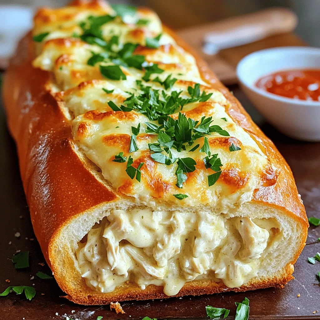 Um Chicken Alfredo Stuffed Garlic Bread zu machen, brauchen wir einige Hauptzutaten. Diese sind: - 1 großes, frisches italienisches Brot - 2 Tassen gekochte und zerkleinerte Hähnchenbrust - 1 Tasse Sahne - 1 Tasse geriebener Parmesan-Käse - 1 Teelöffel Knoblauchpulver - 1 Esslöffel frische Petersilie, gehackt - 1 Esslöffel Olivenöl - 1 Teelöffel italienische Gewürzmischung - Salz und Pfeffer nach Geschmack - 4 Knoblauchzehen, fein gehackt - 1 Tasse geriebener Mozzarella-Käse - 2 Esslöffel Butter, weich Die Gewürze und aromatischen Zutaten bringen viel Geschmack. Hier sind die wichtigsten: - Knoblauchpulver gibt einen schönen Knoblauchgeschmack. - Frische Petersilie sorgt für Farbe und Frische. - Die italienische Gewürzmischung bietet einen tollen Mix aus Kräutern. - Salz und Pfeffer runden den Geschmack ab. Wählen Sie frische und hochwertige Zutaten. Das Brot sollte knusprig und weich sein. Achten Sie darauf, dass das Hähnchen gut gekocht und zart ist. Der Käse sollte frisch gerieben sein für den besten Geschmack. Verwenden Sie frische Kräuter, wenn möglich. Diese Tipps helfen Ihnen, das beste Ergebnis zu erzielen. Für das vollständige Rezept besuchen Sie bitte den Abschnitt „Full Recipe“. Zuerst heizen Sie den Ofen auf 190°C (375°F) vor. Nehmen Sie dann das italienische Brot. Schneiden Sie das Brot längs auf, aber nicht ganz durch. Aushöhlen ist wichtig, um Platz für die Füllung zu schaffen. Bestreichen Sie die Innenseite mit Olivenöl. Streuen Sie eine Prise Salz und gehackte Petersilie darauf. So bekommt das Brot einen tollen Geschmack. Für die Alfredo-Sauce schmelzen Sie die Butter in einem Topf. Fügen Sie den fein gehackten Knoblauch hinzu und braten Sie ihn kurz an. Geben Sie die Sahne dazu und bringen Sie sie zum Köcheln. Dann reduzieren Sie die Hitze. Fügen Sie den geriebenen Parmesan, das Knoblauchpulver, die italienische Gewürzmischung, Salz und Pfeffer hinzu. Rühren Sie alles gut um, bis die Sauce dick wird. Nehmen Sie die Sauce vom Herd und mischen Sie das zerkleinerte Hähnchen unter. So wird das Hähnchen gleichmäßig mit der Sauce bedeckt. Jetzt füllen Sie das ausgehöhlte Brot mit der Hähnchen-Alfredo-Mischung. Streuen Sie den geriebenen Mozzarella-Käse oben drauf. Wickeln Sie das gefüllte Brot in Aluminiumfolie und legen Sie es auf ein Backblech. Backen Sie das Brot zuerst 20 Minuten mit der Folie. Danach nehmen Sie die Folie ab und backen es weitere 10 Minuten, bis es goldbraun ist. Lassen Sie das Brot einige Minuten abkühlen, bevor Sie es aufschneiden. Servieren Sie es warm und genießen Sie jeden Bissen. Für mehr Details, schauen Sie sich das [Full Recipe] an. Ein häufiger Fehler ist, das Brot zu tief zu schneiden. Achte darauf, die Tasche nicht ganz durchzuschneiden. So bleibt die Füllung sicher. Ein anderer Fehler ist, die Sauce zu dick werden zu lassen. Rühre oft, damit die Sauce gleichmäßig dick wird. Überfülle das Brot nicht. Es sollte genug Platz für die Füllung sein, damit das Brot beim Backen nicht aufplatzt. Heize deinen Ofen immer gut vor. Bei 190°C (375°F) backe das Brot zuerst 20 Minuten eingewickelt. Dann entferne die Folie und backe es weitere 10 Minuten. So bekommst du eine knusprige Kruste. Achte darauf, dass das Brot goldbraun ist. Die Backzeit kann variieren, je nach Ofen. Für die beste Konsistenz mische das Hähnchen gut mit der Sauce. So ist jeder Bissen lecker. Verwende frischen Mozzarella-Käse für einen tollen Schmelz. Achte darauf, die Alfredo-Sauce nicht zu lange zu kochen. Sie sollte cremig bleiben. Ein Spritzer Zitronensaft kann den Geschmack aufhellen und die Aromen hervorheben. {{image_4}} Wenn du eine vegetarische Variante von Chicken Alfredo gefülltem Knoblauchbrot suchst, probiere dies. Ersetze das Hähnchen durch gebratene Gemüse wie Zucchini, Paprika und Pilze. Diese bringen viel Geschmack und Textur. Du kannst auch Spinat oder Brokkoli hinzufügen. So bleibt das Gericht gesund und lecker. Für eine würzige Note füge gehackte Jalapeños oder Chili-Flocken hinzu. Diese geben dem Gericht den richtigen Kick. Auch ein Hauch von Cajun-Gewürz kann das Brot spannend machen. Experimentiere mit verschiedenen scharfen Soßen, um die perfekte Schärfe zu finden. Es gibt viele Möglichkeiten für die Füllung. Statt Alfredo-Sauce kannst du Pesto verwenden. Das bringt frische Kräuter und Nüsse in dein Brot. Du kannst auch eine Mischung aus verschiedenen Käsesorten verwenden, wie Gouda oder Cheddar. So wird dein gefülltes Brot einzigartig und köstlich. Um das Hähnchen Alfredo gefüllte Knoblauchbrot frisch zu halten, wickeln Sie es gut in Folie. Dadurch bleibt das Brot weich. Sie können auch einen luftdichten Behälter verwenden. Vermeiden Sie es, das Brot in den Kühlschrank zu legen, da es dort trocken werden kann. Um das Brot wieder warm und knusprig zu machen, heizen Sie Ihren Ofen auf 180°C vor. Wickeln Sie das Brot in Folie und legen Sie es für 10-15 Minuten in den Ofen. So bleibt die Füllung warm und der Käse schmilzt wieder. Alternativ können Sie eine Mikrowelle nutzen, aber dann wird das Brot nicht knusprig. Im Kühlschrank hält sich das gefüllte Brot etwa 3 Tage. Wenn Sie es länger aufbewahren möchten, frieren Sie es ein. In einem luftdichten Behälter bleibt es im Gefrierschrank bis zu 3 Monate gut. Lassen Sie es vor dem Aufwärmen im Kühlschrank auftauen. Die Zubereitung von Hähnchen Alfredo gefülltem Knoblauchbrot dauert insgesamt etwa 45 Minuten. Es sind 15 Minuten für die Vorbereitungen und 30 Minuten für das Backen nötig. Dies macht es einfach, dieses Gericht schnell zuzubereiten. Ja, du kannst das Brot im Voraus zubereiten. Fülle das Brot und wickle es in Folie. Lege es dann in den Kühlschrank, bis du bereit bist, es zu backen. Du kannst es auch bis zu 24 Stunden vorher vorbereiten. Achte darauf, die Backzeit etwas zu verlängern, wenn du es direkt aus dem Kühlschrank backst. Zu Hähnchen Alfredo gefülltem Knoblauchbrot passen viele Beilagen gut. Hier sind einige Ideen: - Ein frischer grüner Salat - Gegrilltes Gemüse - Marinara-Sauce zum Dippen - Knoblauchbutter für extra Geschmack Diese Beilagen ergänzen das Gericht und machen das Essen noch besser. Das Rezept für Hähnchen Alfredo gefülltes Knoblauchbrot bietet dir viele leckere Möglichkeiten. Wir haben die Zutaten, die Zubereitung und nützliche Tipps detailliert besprochen. Denke an Variationen, um das Gericht nach deinem Geschmack zu gestalten. Beachte auch die besten Lagerinformationen, damit es frisch bleibt. Du wirst Freude beim Ausprobieren haben. Mit etwas Übung machst du schnell dein perfektes Knoblauchbrot. Viel Spaß beim Kochen!